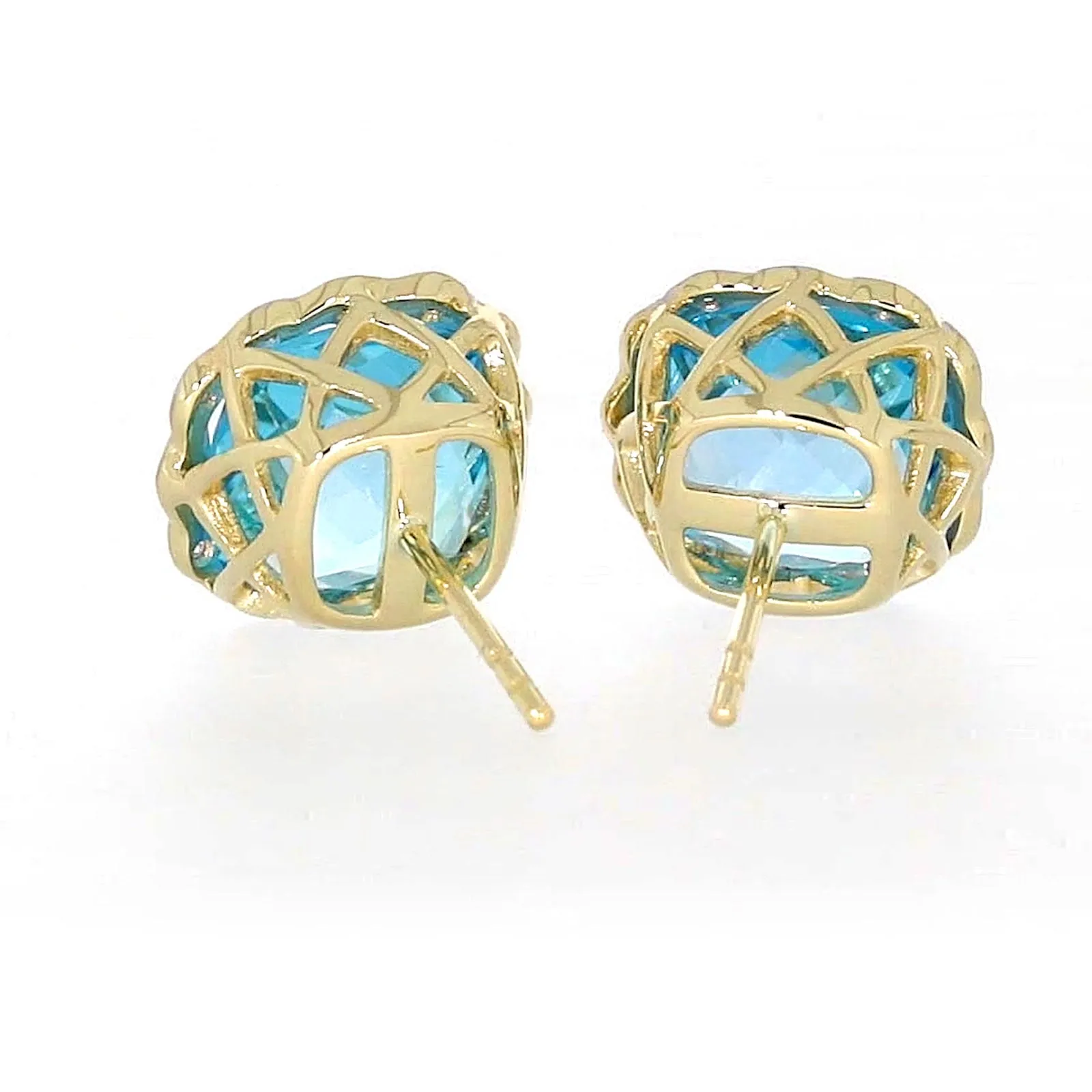 9ct Two Tone Gold Cushion & Round Brilliant Cut Blue Topaz & Diamond Set Stud Earrings