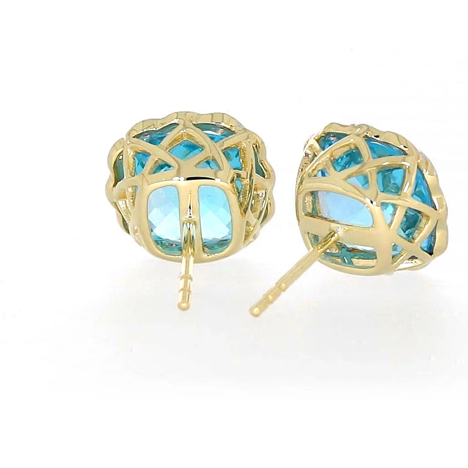 9ct Two Tone Gold Cushion & Round Brilliant Cut Blue Topaz & Diamond Set Stud Earrings