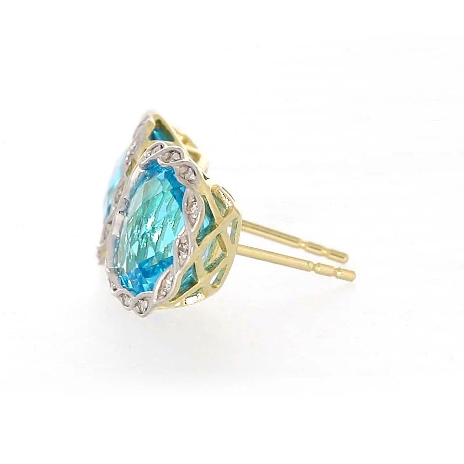 9ct Two Tone Gold Cushion & Round Brilliant Cut Blue Topaz & Diamond Set Stud Earrings