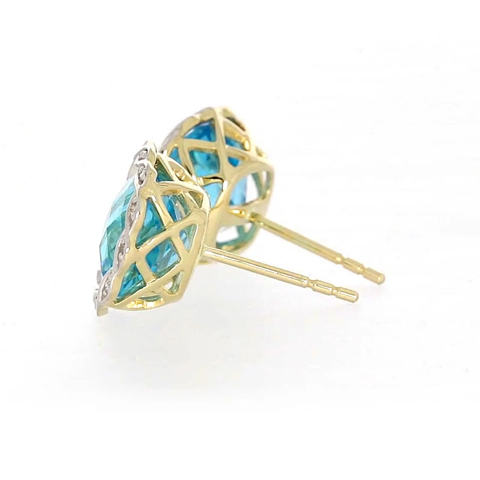9ct Two Tone Gold Cushion & Round Brilliant Cut Blue Topaz & Diamond Set Stud Earrings