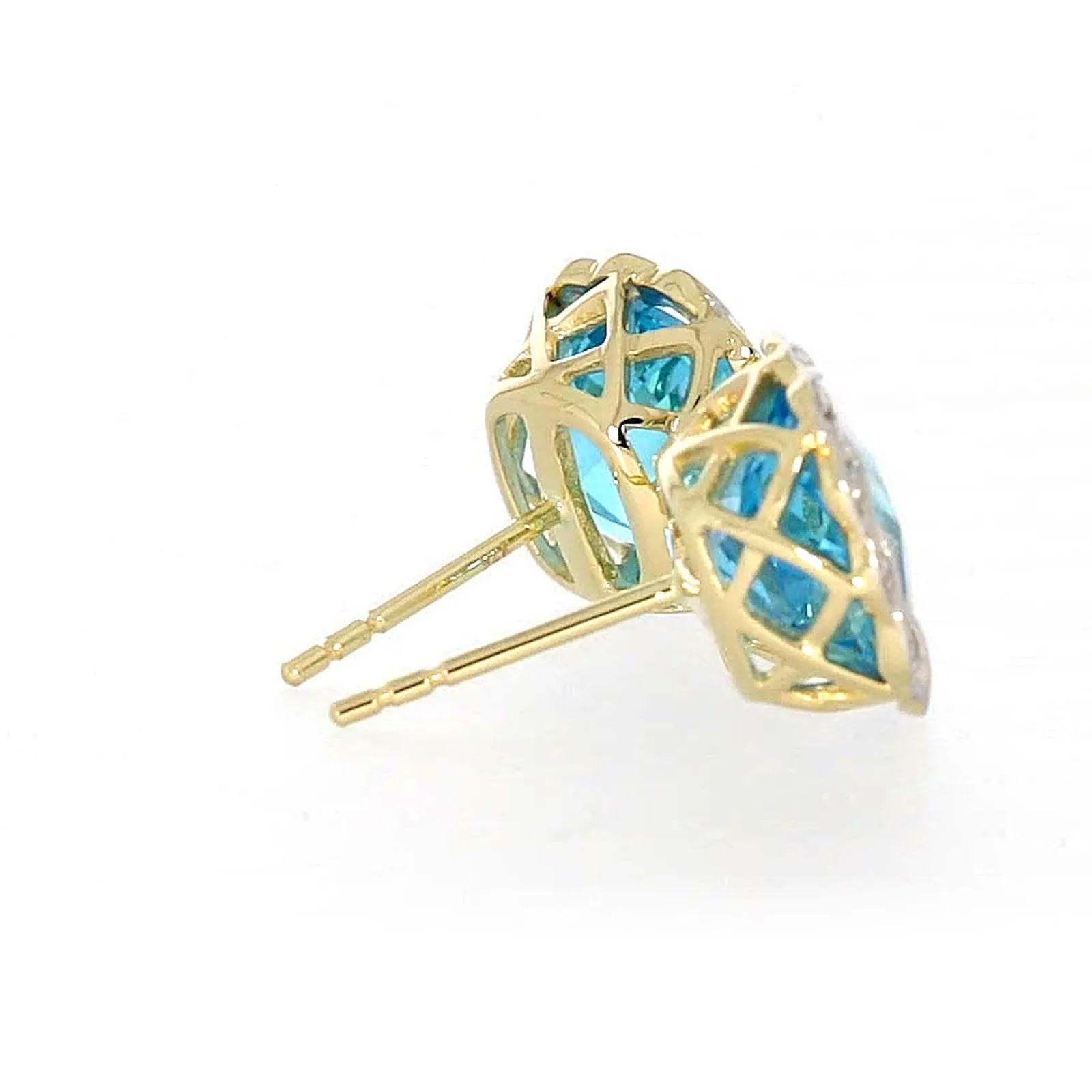 9ct Two Tone Gold Cushion & Round Brilliant Cut Blue Topaz & Diamond Set Stud Earrings