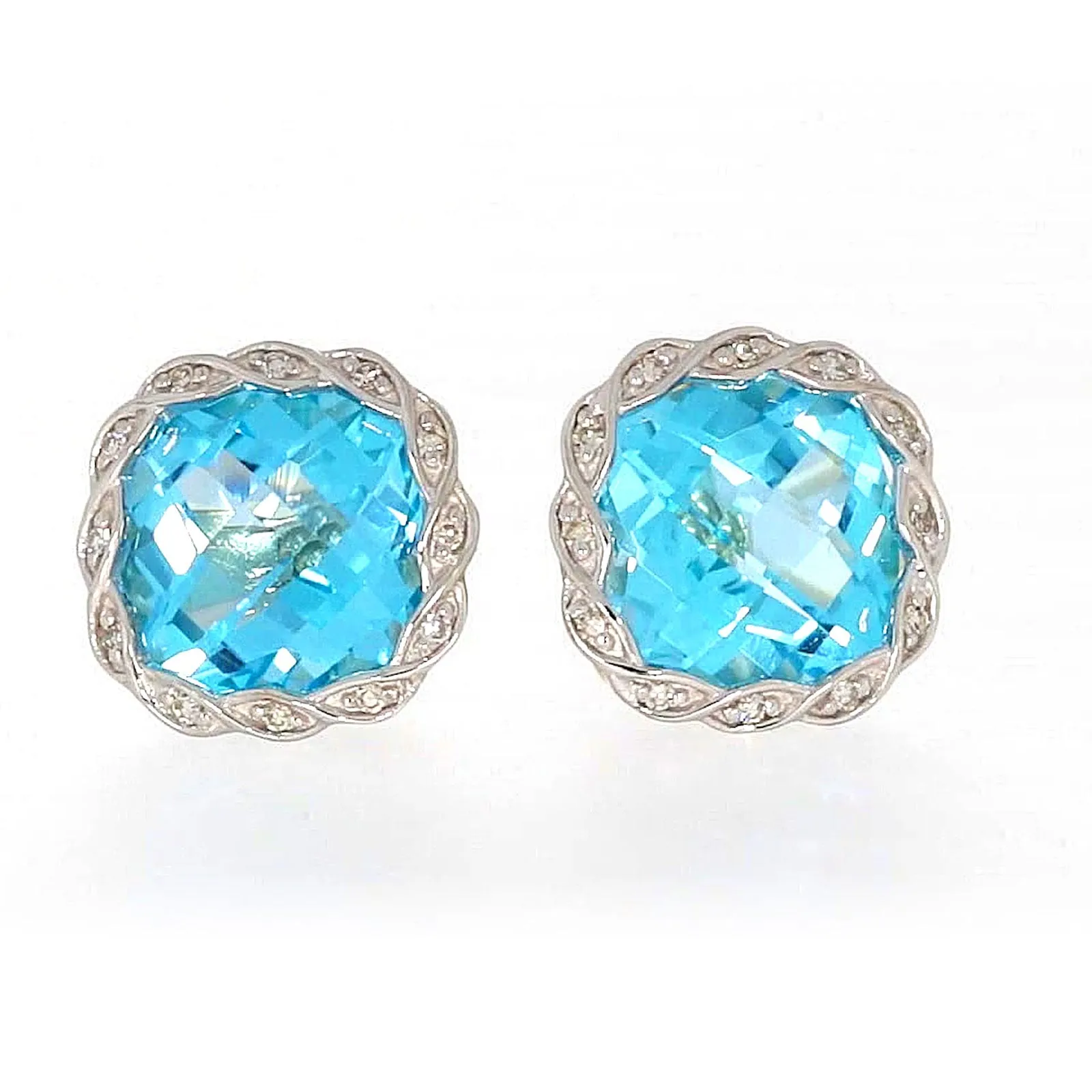 9ct Two Tone Gold Cushion & Round Brilliant Cut Blue Topaz & Diamond Set Stud Earrings