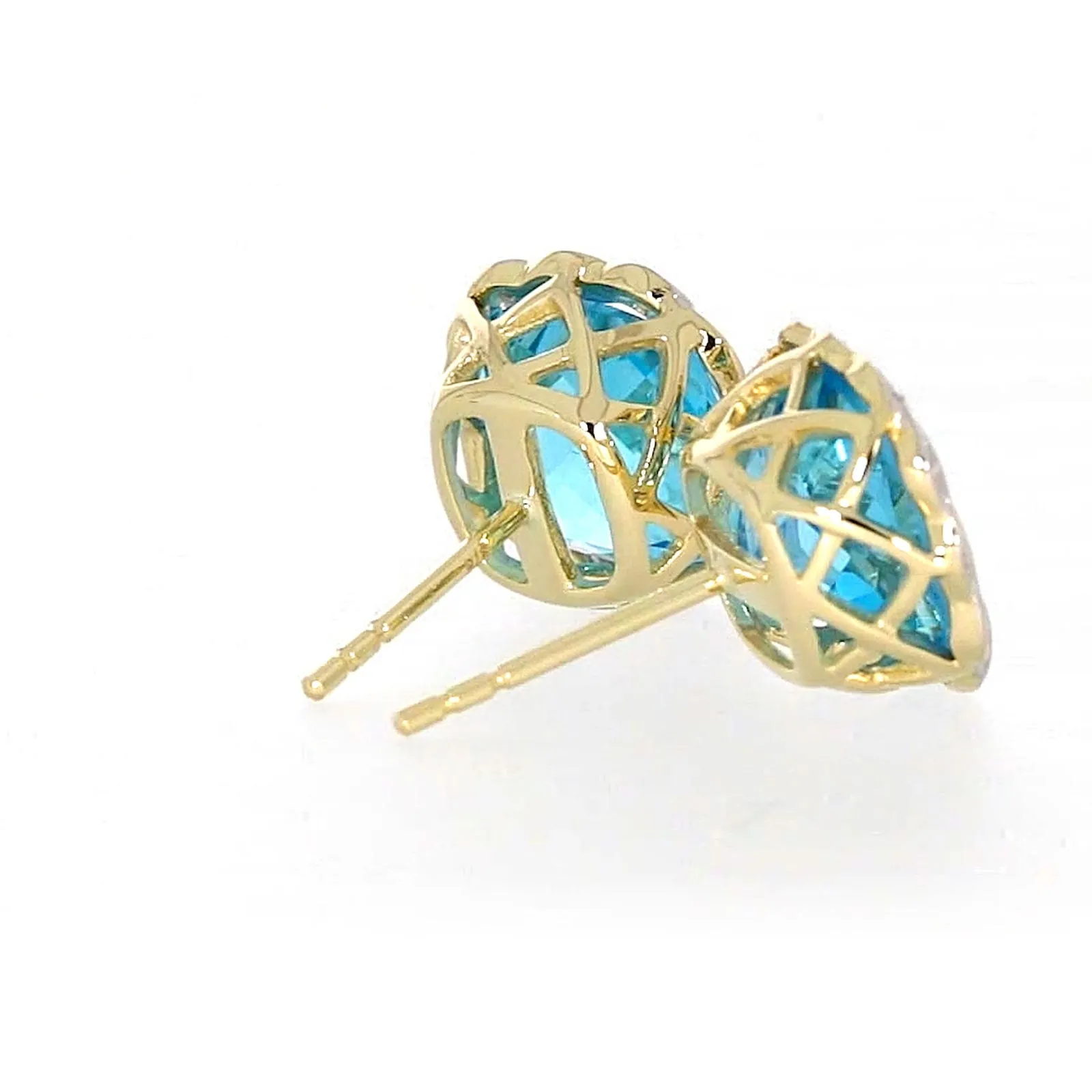 9ct Two Tone Gold Cushion & Round Brilliant Cut Blue Topaz & Diamond Set Stud Earrings