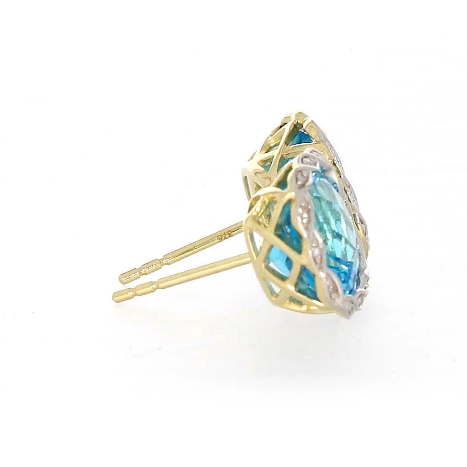 9ct Two Tone Gold Cushion & Round Brilliant Cut Blue Topaz & Diamond Set Stud Earrings