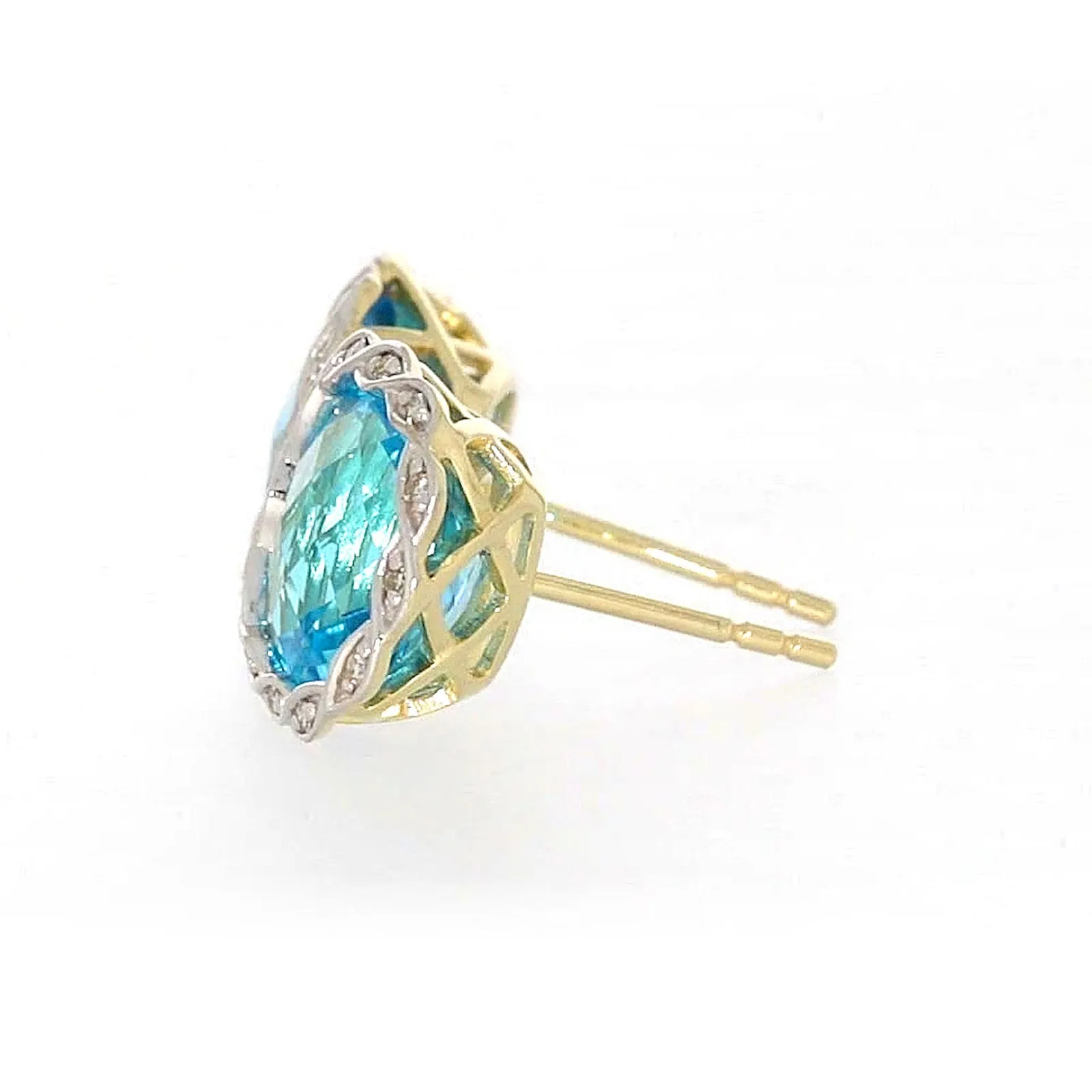 9ct Two Tone Gold Cushion & Round Brilliant Cut Blue Topaz & Diamond Set Stud Earrings