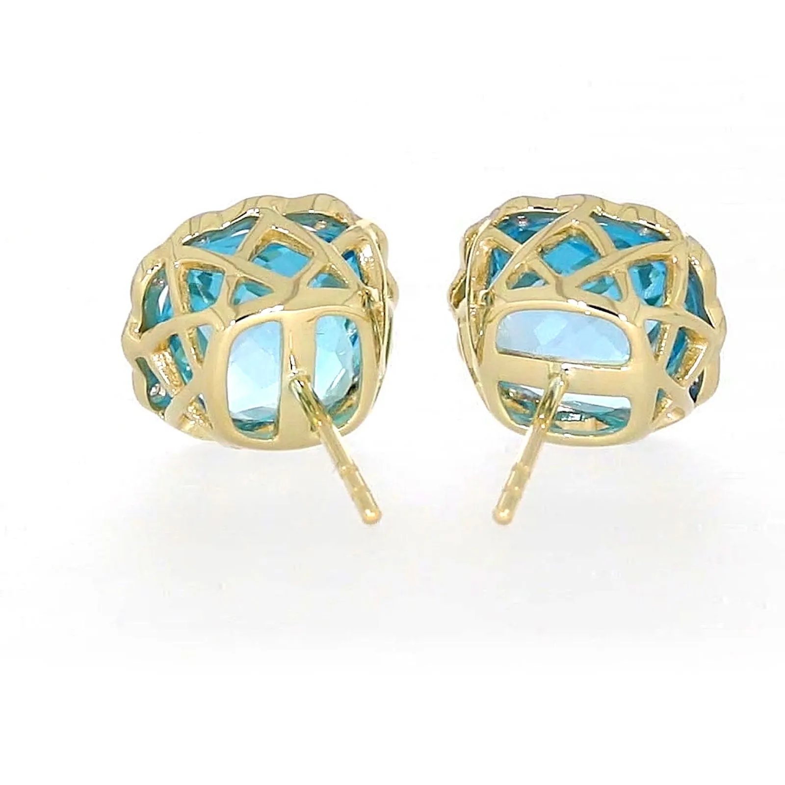 9ct Two Tone Gold Cushion & Round Brilliant Cut Blue Topaz & Diamond Set Stud Earrings