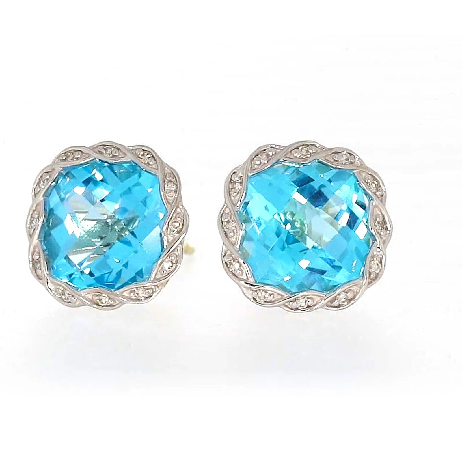 9ct Two Tone Gold Cushion & Round Brilliant Cut Blue Topaz & Diamond Set Stud Earrings