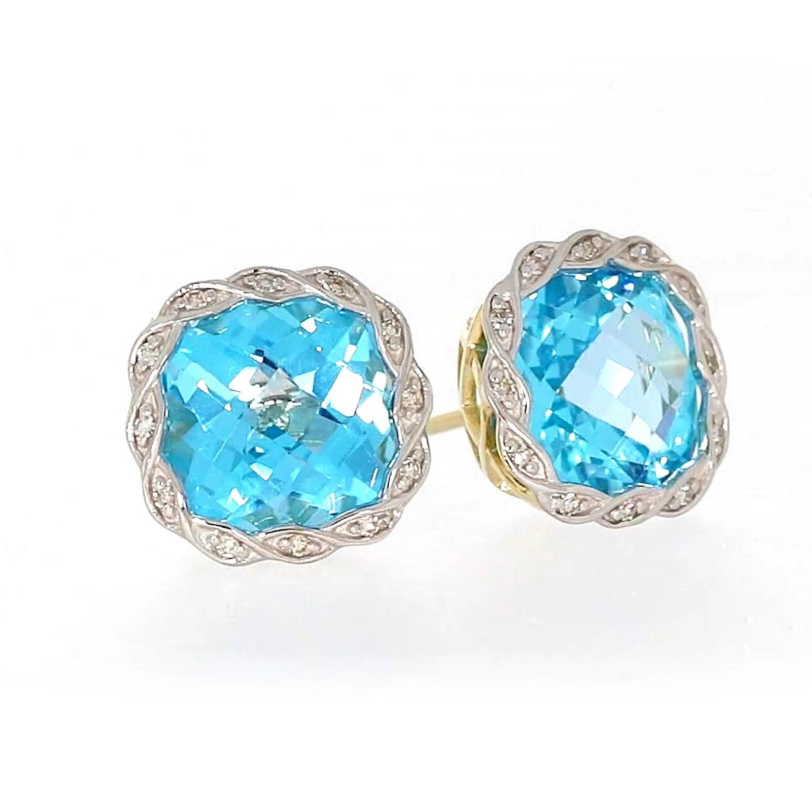 9ct Two Tone Gold Cushion & Round Brilliant Cut Blue Topaz & Diamond Set Stud Earrings