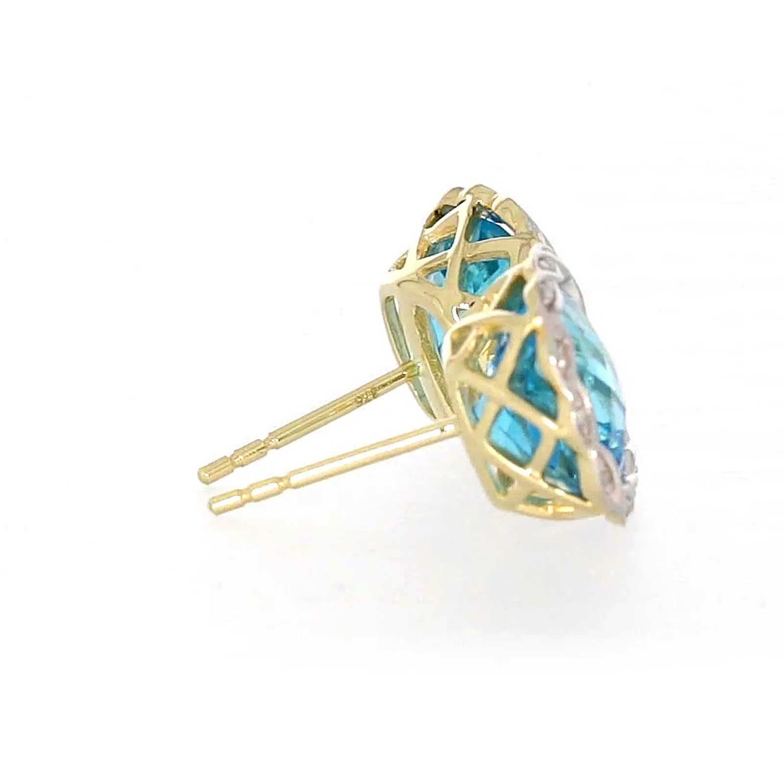 9ct Two Tone Gold Cushion & Round Brilliant Cut Blue Topaz & Diamond Set Stud Earrings
