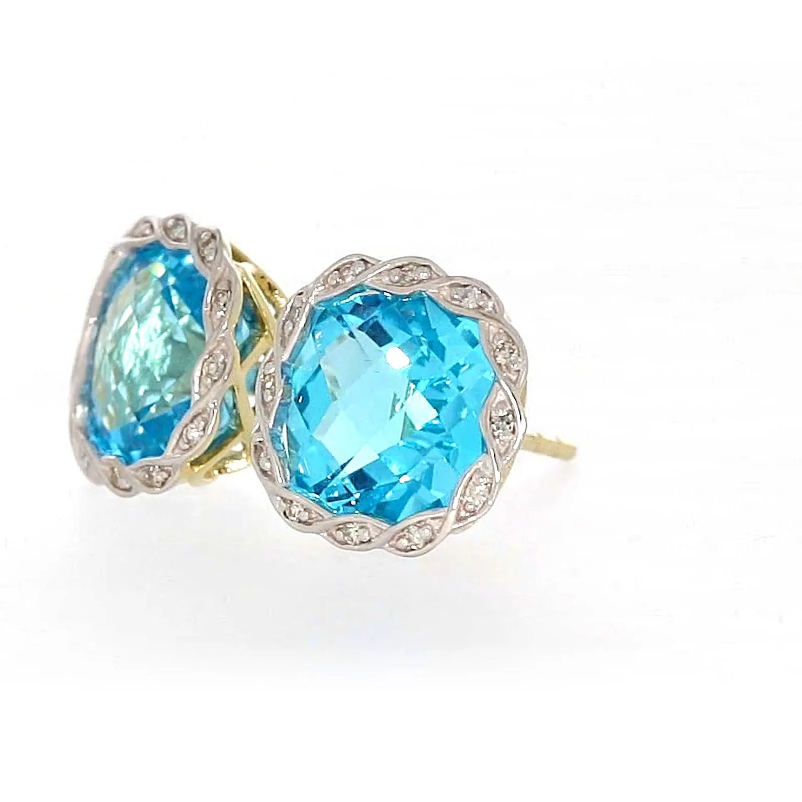 9ct Two Tone Gold Cushion & Round Brilliant Cut Blue Topaz & Diamond Set Stud Earrings