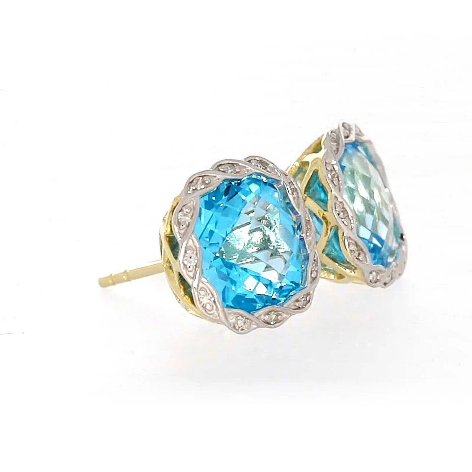 9ct Two Tone Gold Cushion & Round Brilliant Cut Blue Topaz & Diamond Set Stud Earrings