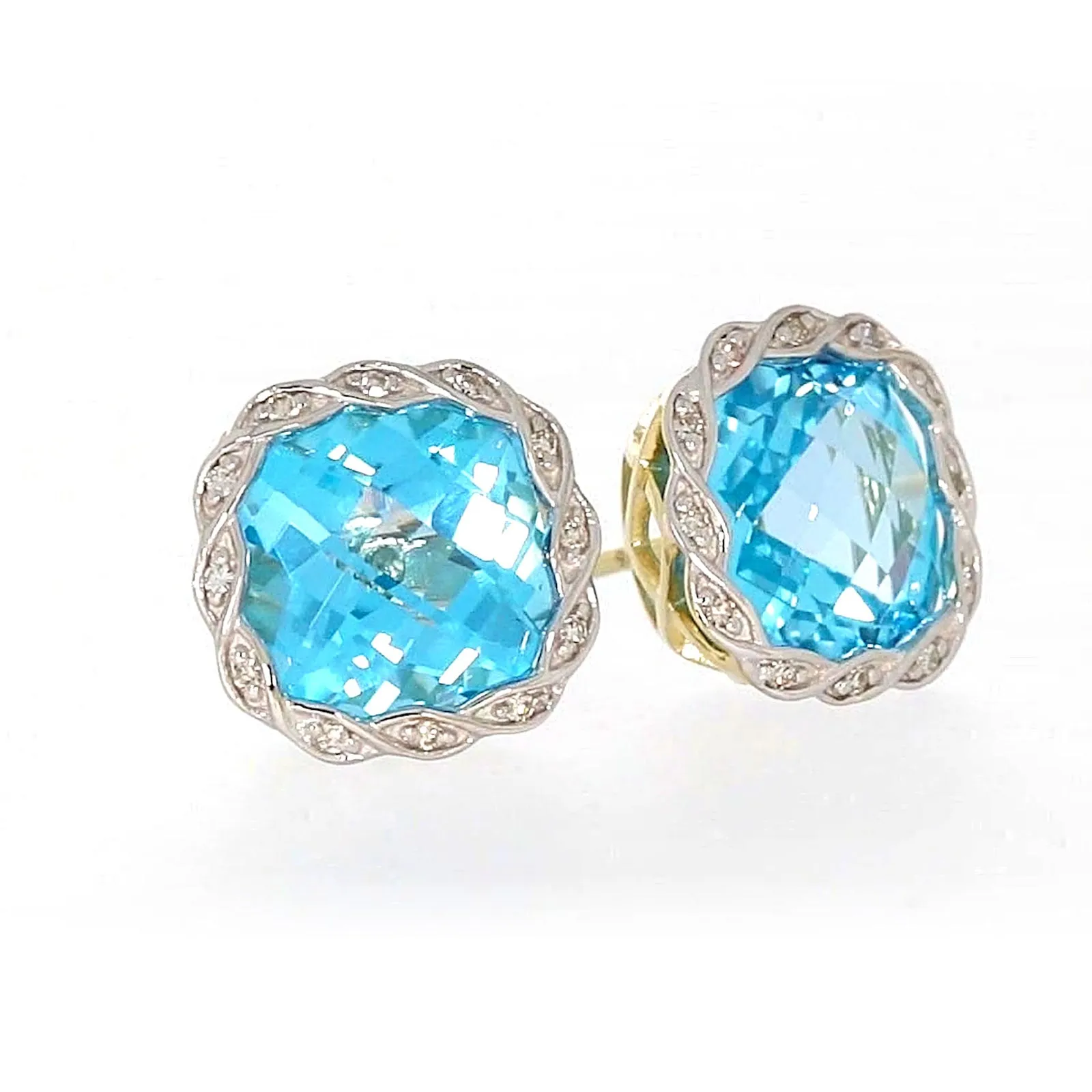 9ct Two Tone Gold Cushion & Round Brilliant Cut Blue Topaz & Diamond Set Stud Earrings