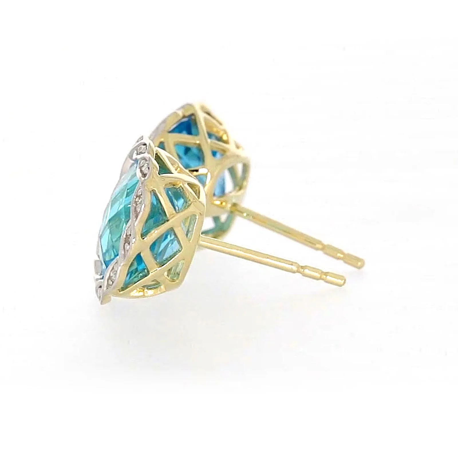 9ct Two Tone Gold Cushion & Round Brilliant Cut Blue Topaz & Diamond Set Stud Earrings