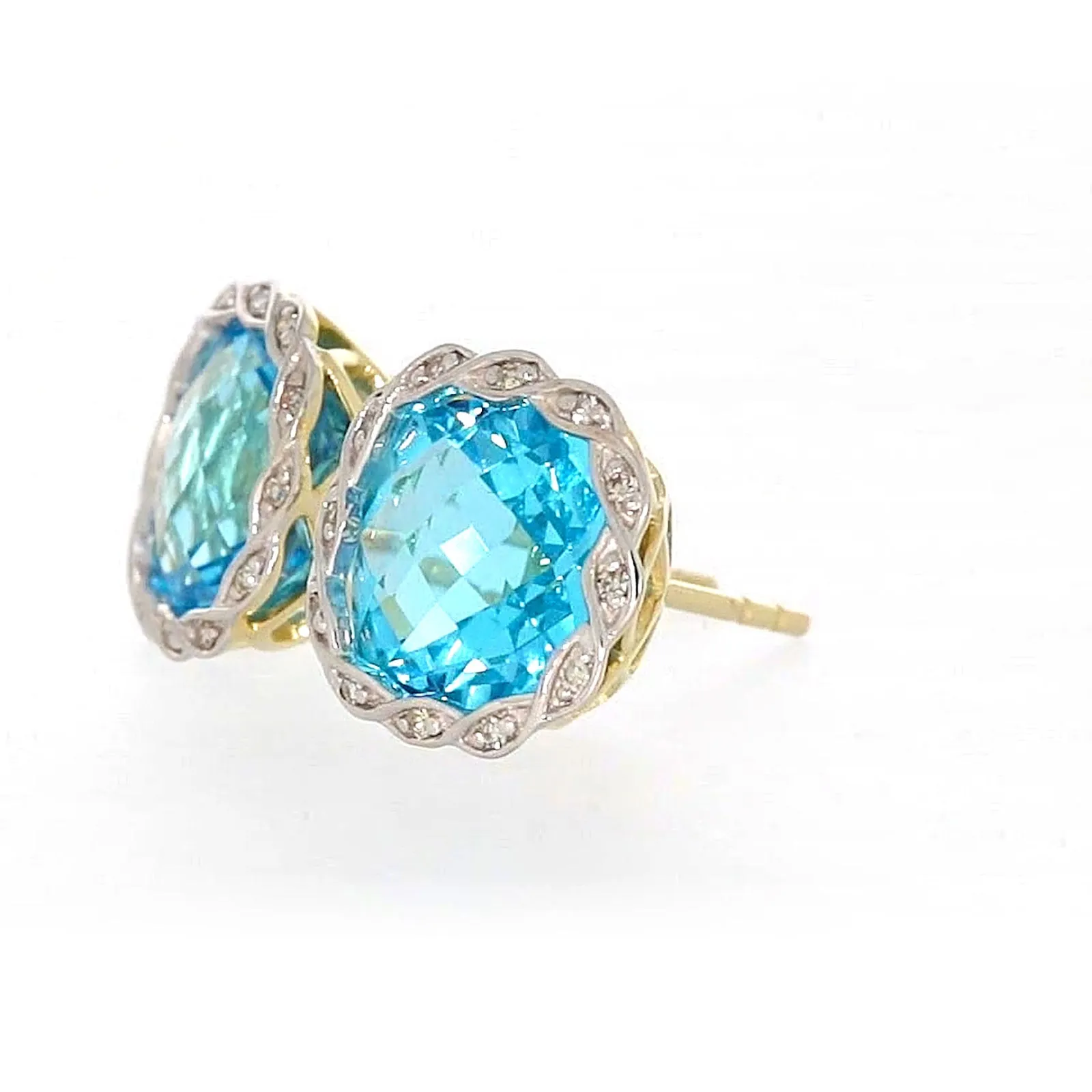 9ct Two Tone Gold Cushion & Round Brilliant Cut Blue Topaz & Diamond Set Stud Earrings