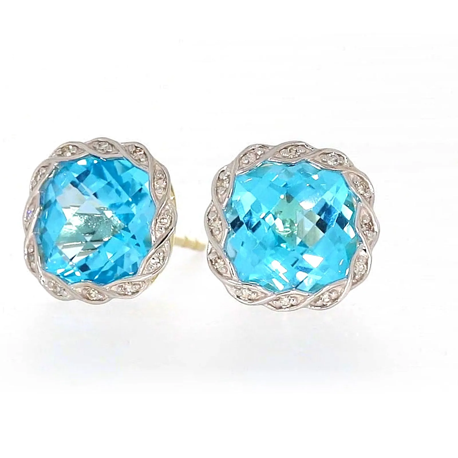 9ct Two Tone Gold Cushion & Round Brilliant Cut Blue Topaz & Diamond Set Stud Earrings