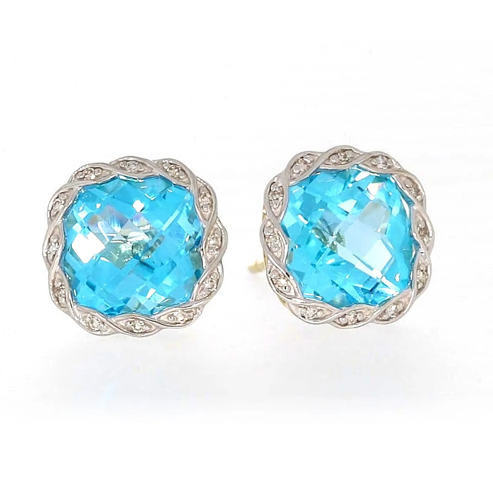 9ct Two Tone Gold Cushion & Round Brilliant Cut Blue Topaz & Diamond Set Stud Earrings