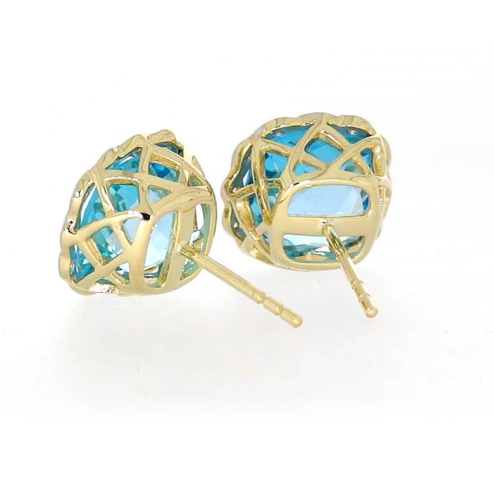 9ct Two Tone Gold Cushion & Round Brilliant Cut Blue Topaz & Diamond Set Stud Earrings