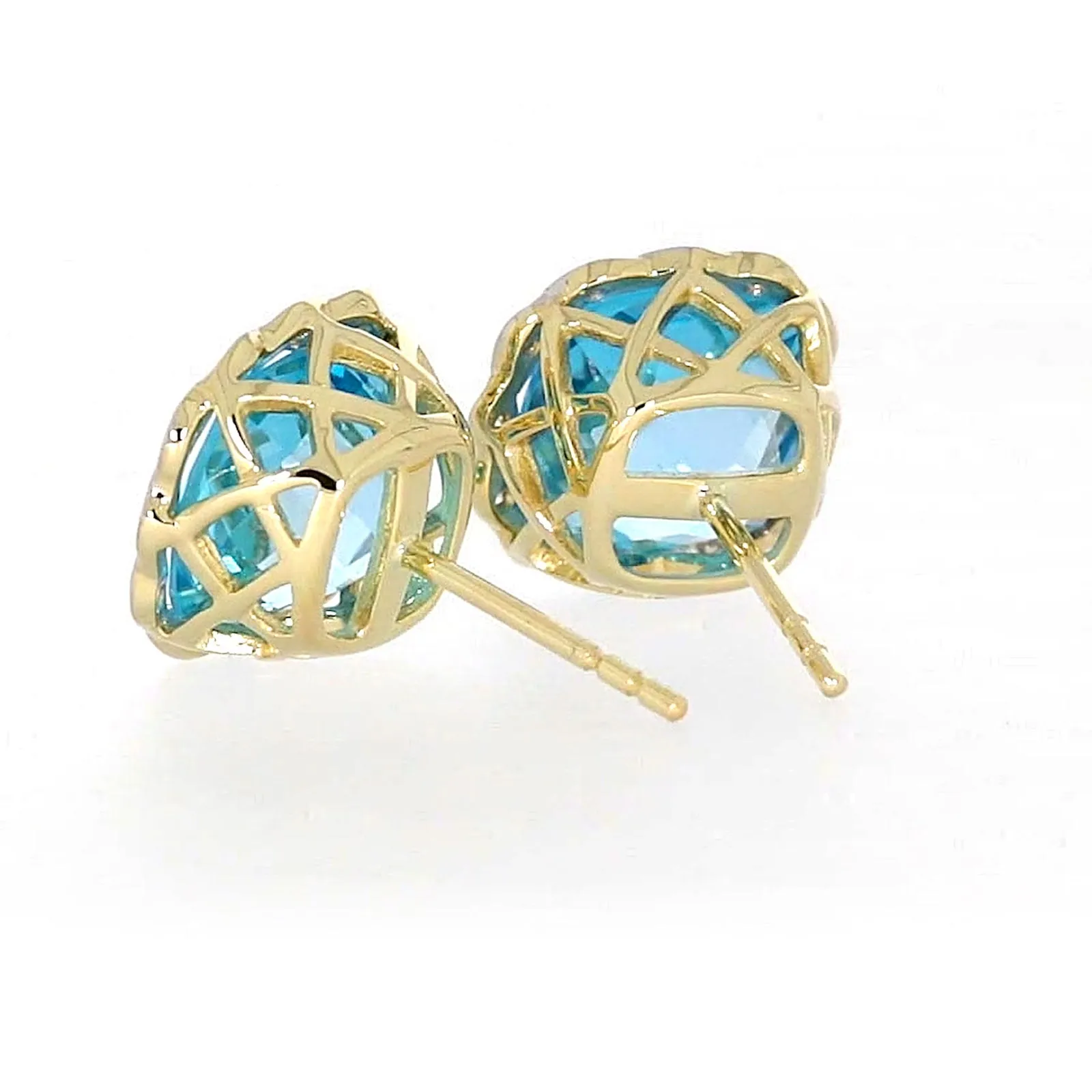 9ct Two Tone Gold Cushion & Round Brilliant Cut Blue Topaz & Diamond Set Stud Earrings