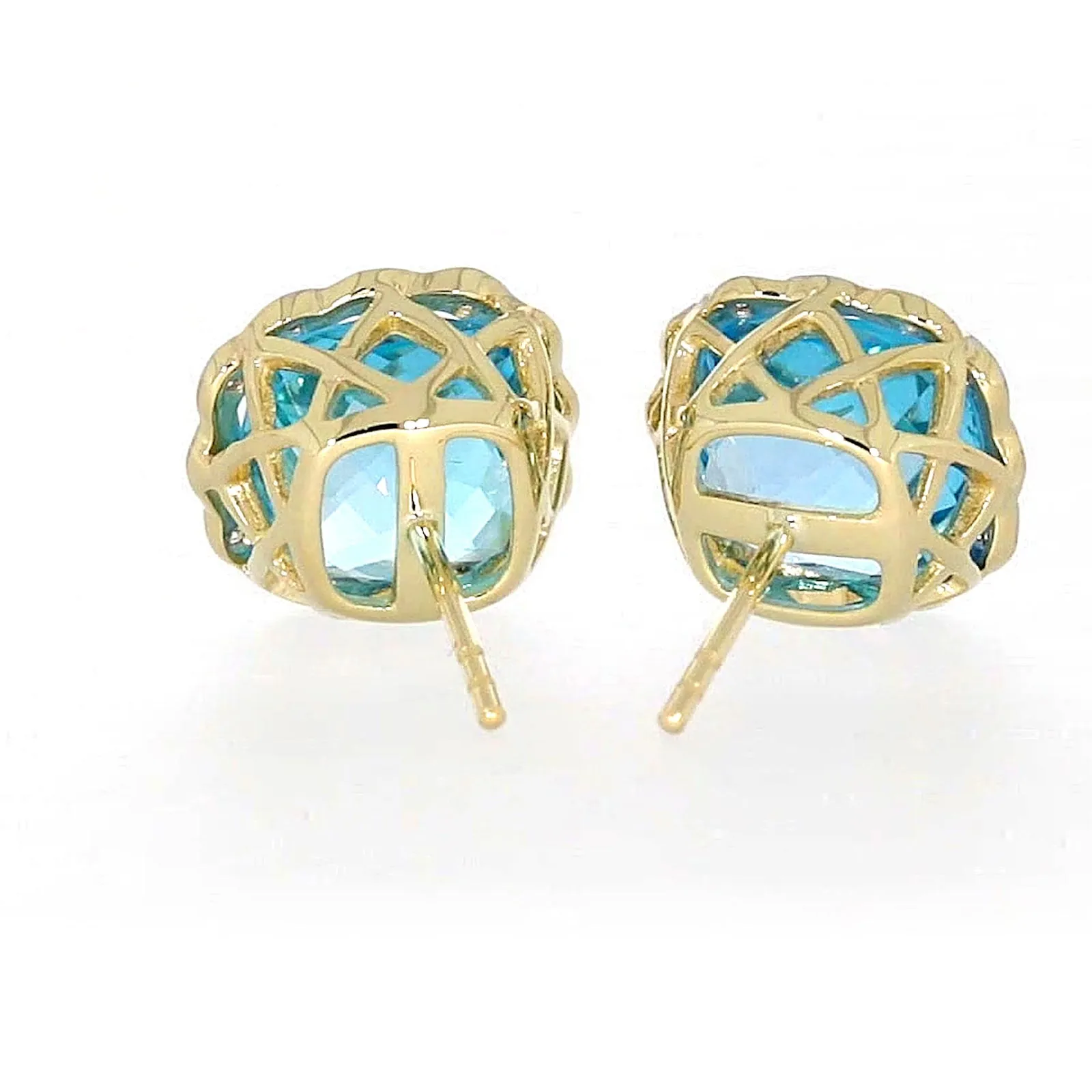 9ct Two Tone Gold Cushion & Round Brilliant Cut Blue Topaz & Diamond Set Stud Earrings