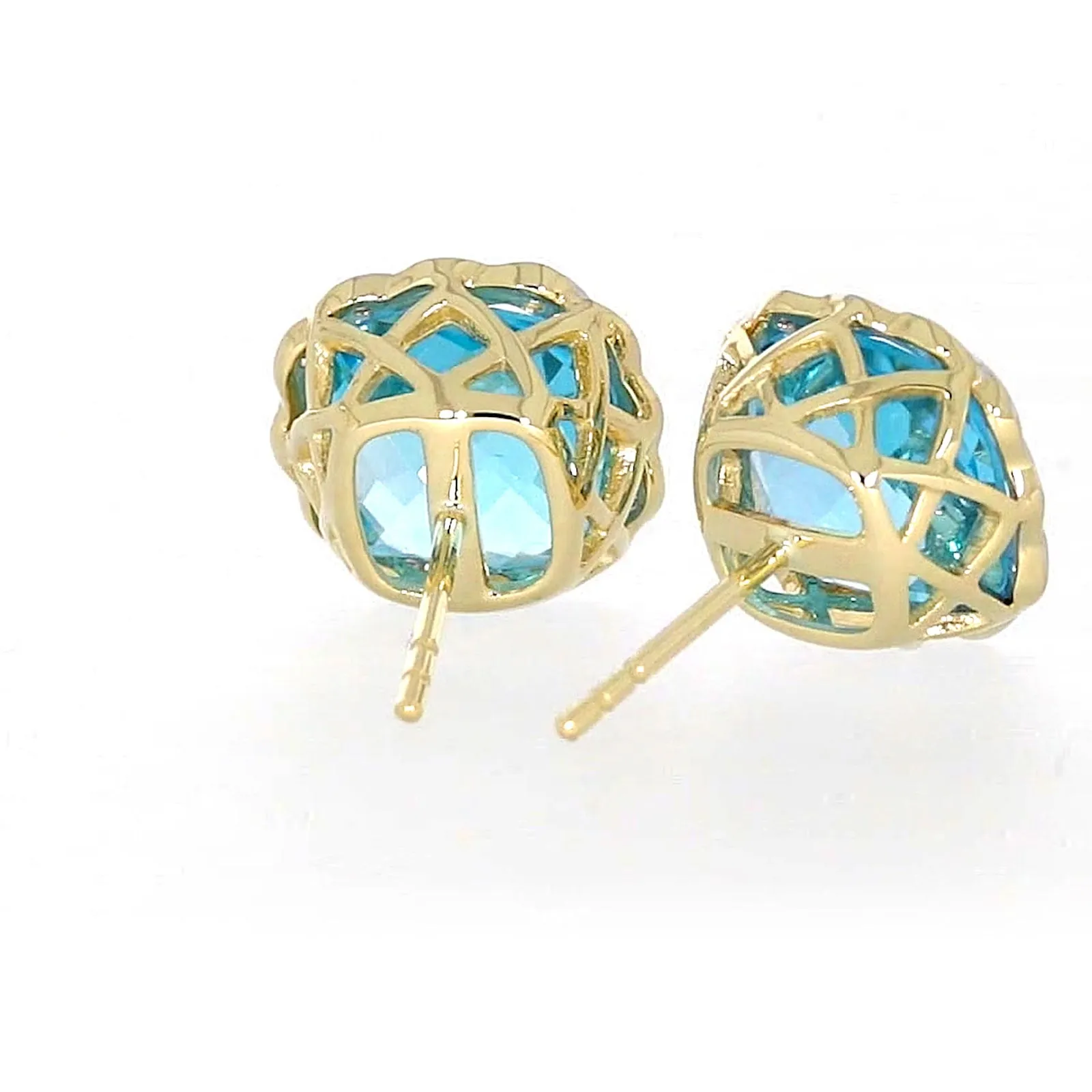 9ct Two Tone Gold Cushion & Round Brilliant Cut Blue Topaz & Diamond Set Stud Earrings