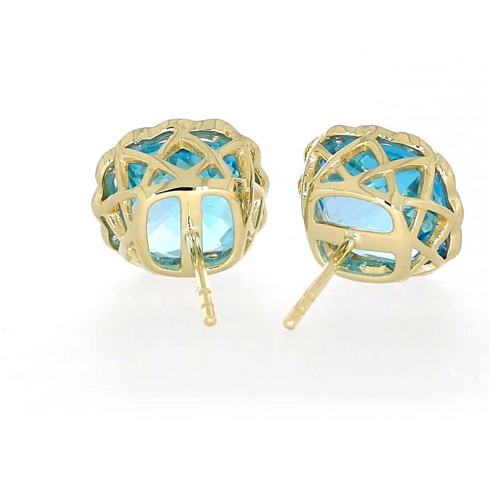 9ct Two Tone Gold Cushion & Round Brilliant Cut Blue Topaz & Diamond Set Stud Earrings