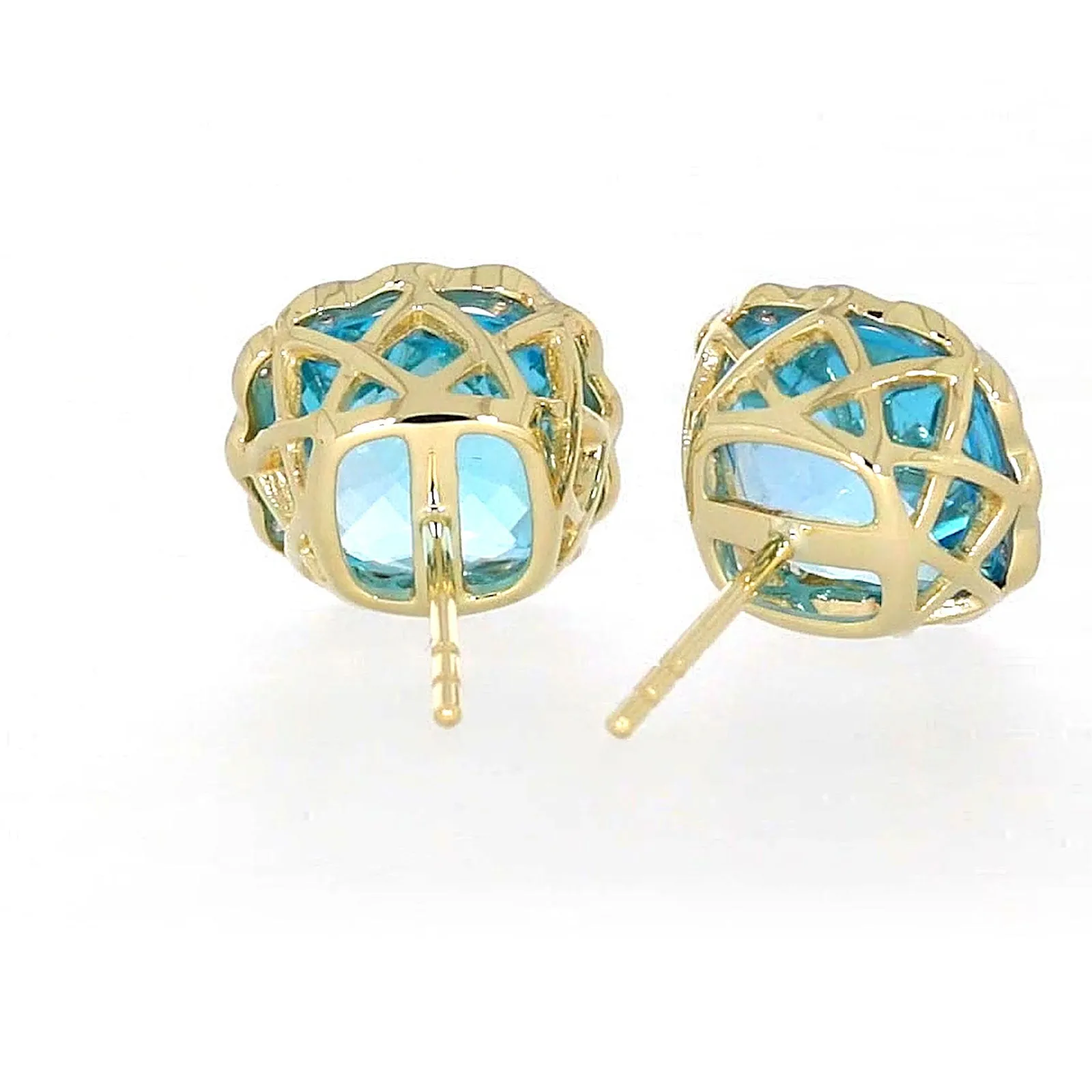 9ct Two Tone Gold Cushion & Round Brilliant Cut Blue Topaz & Diamond Set Stud Earrings