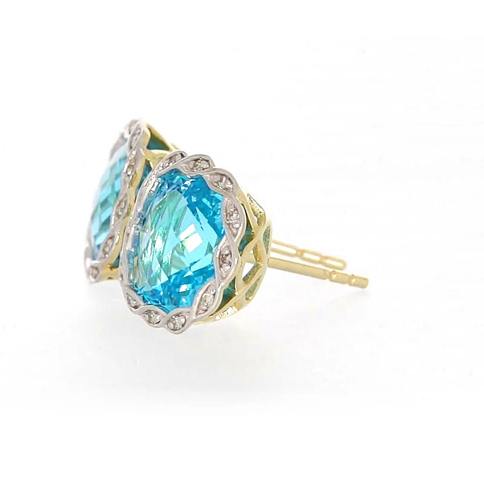 9ct Two Tone Gold Cushion & Round Brilliant Cut Blue Topaz & Diamond Set Stud Earrings