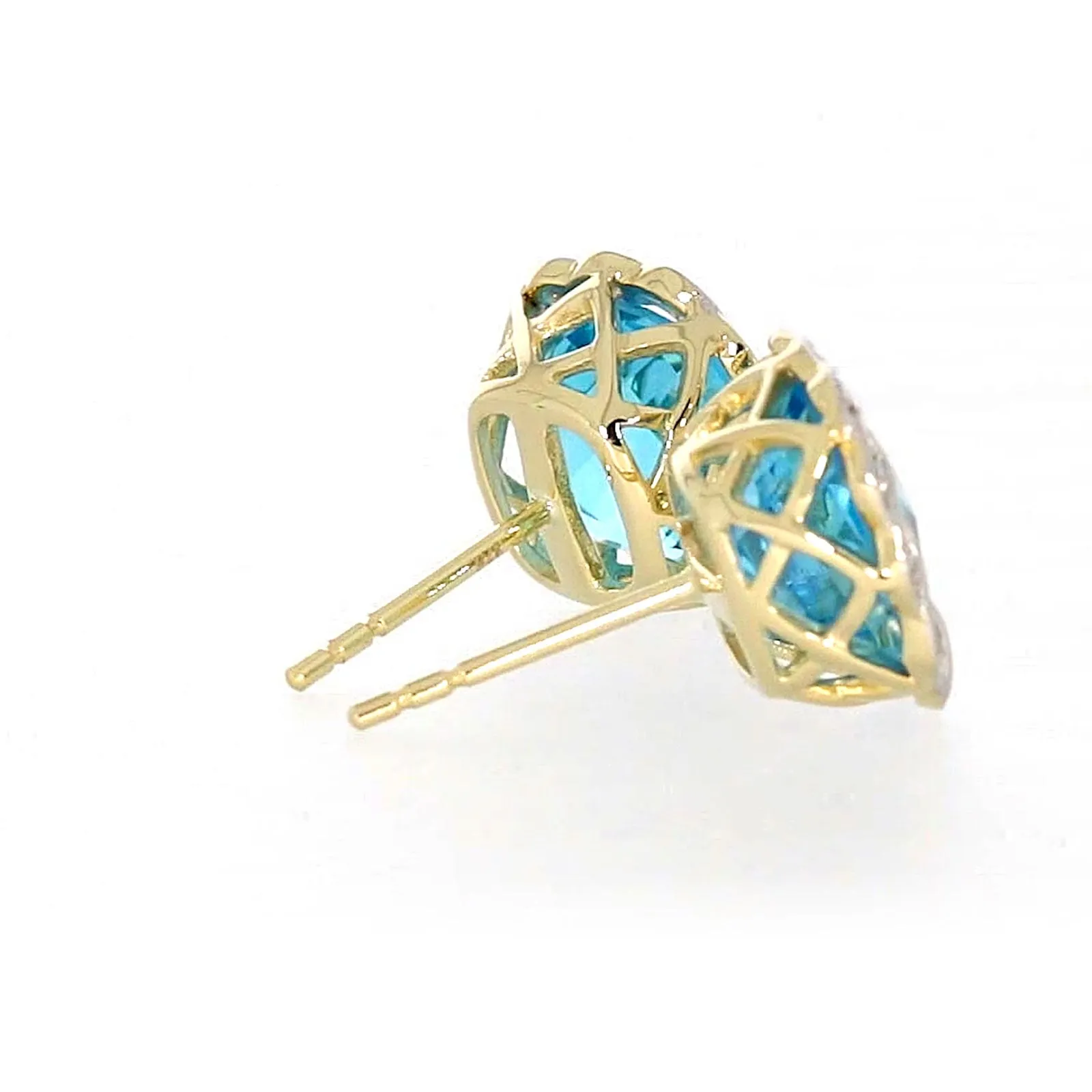 9ct Two Tone Gold Cushion & Round Brilliant Cut Blue Topaz & Diamond Set Stud Earrings