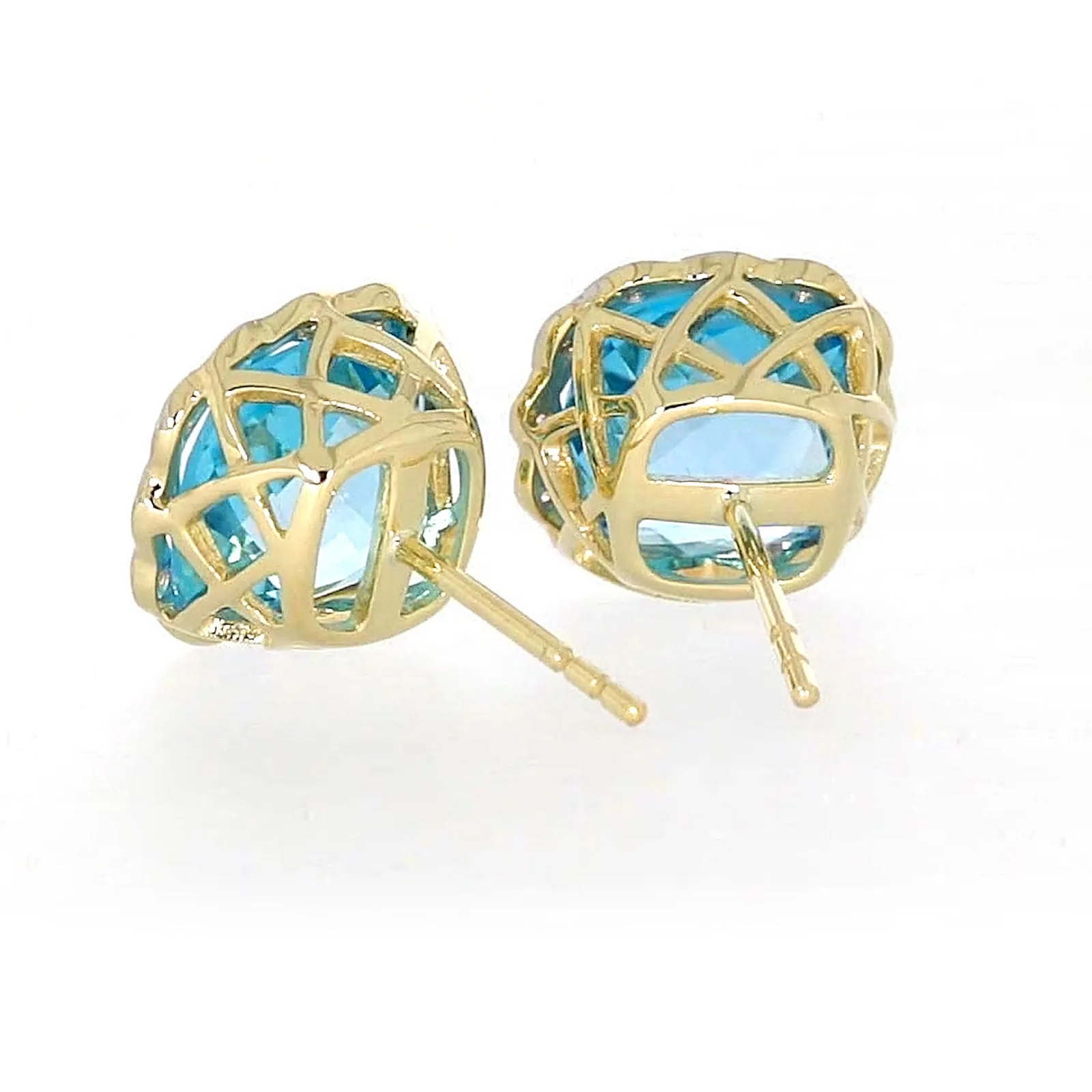 9ct Two Tone Gold Cushion & Round Brilliant Cut Blue Topaz & Diamond Set Stud Earrings