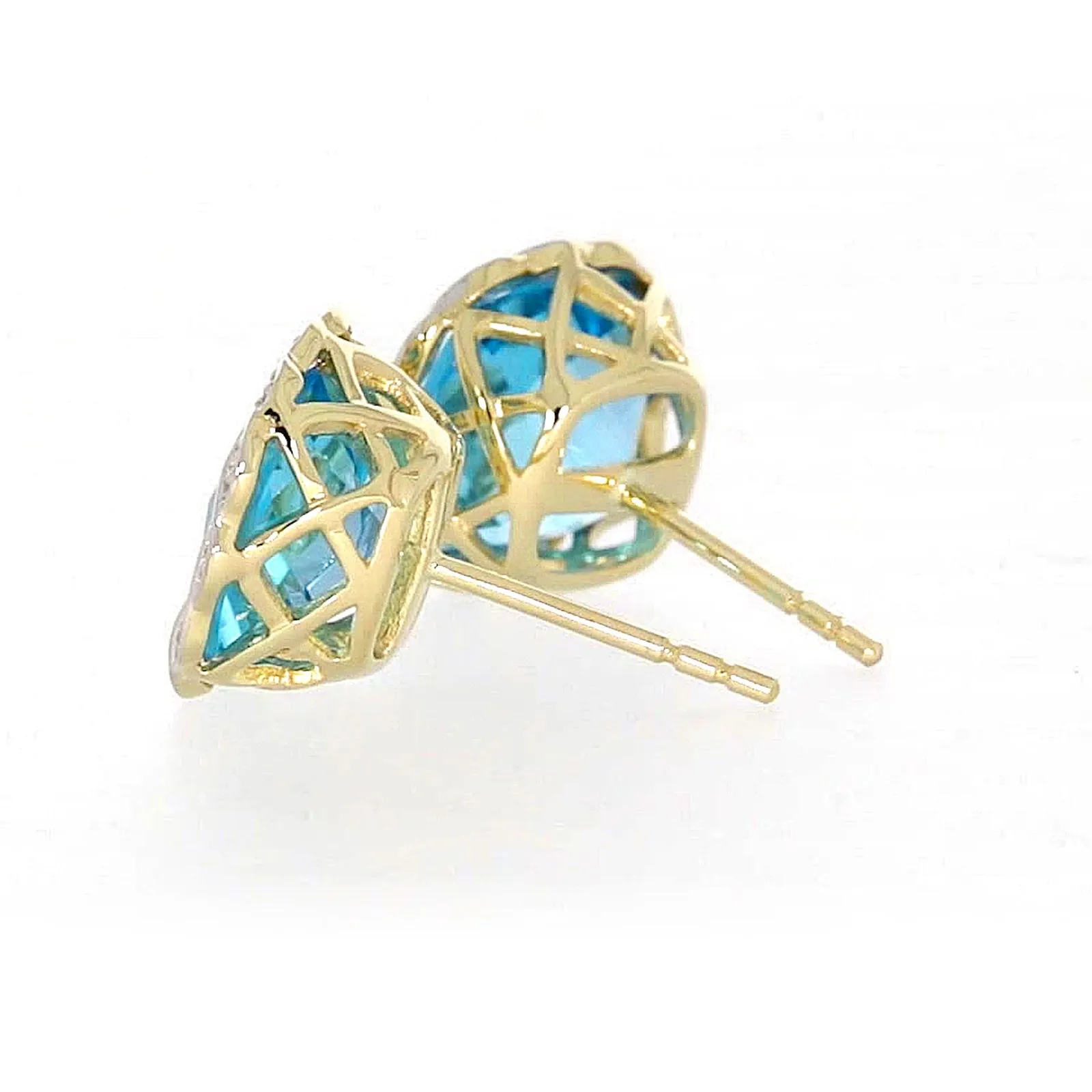 9ct Two Tone Gold Cushion & Round Brilliant Cut Blue Topaz & Diamond Set Stud Earrings