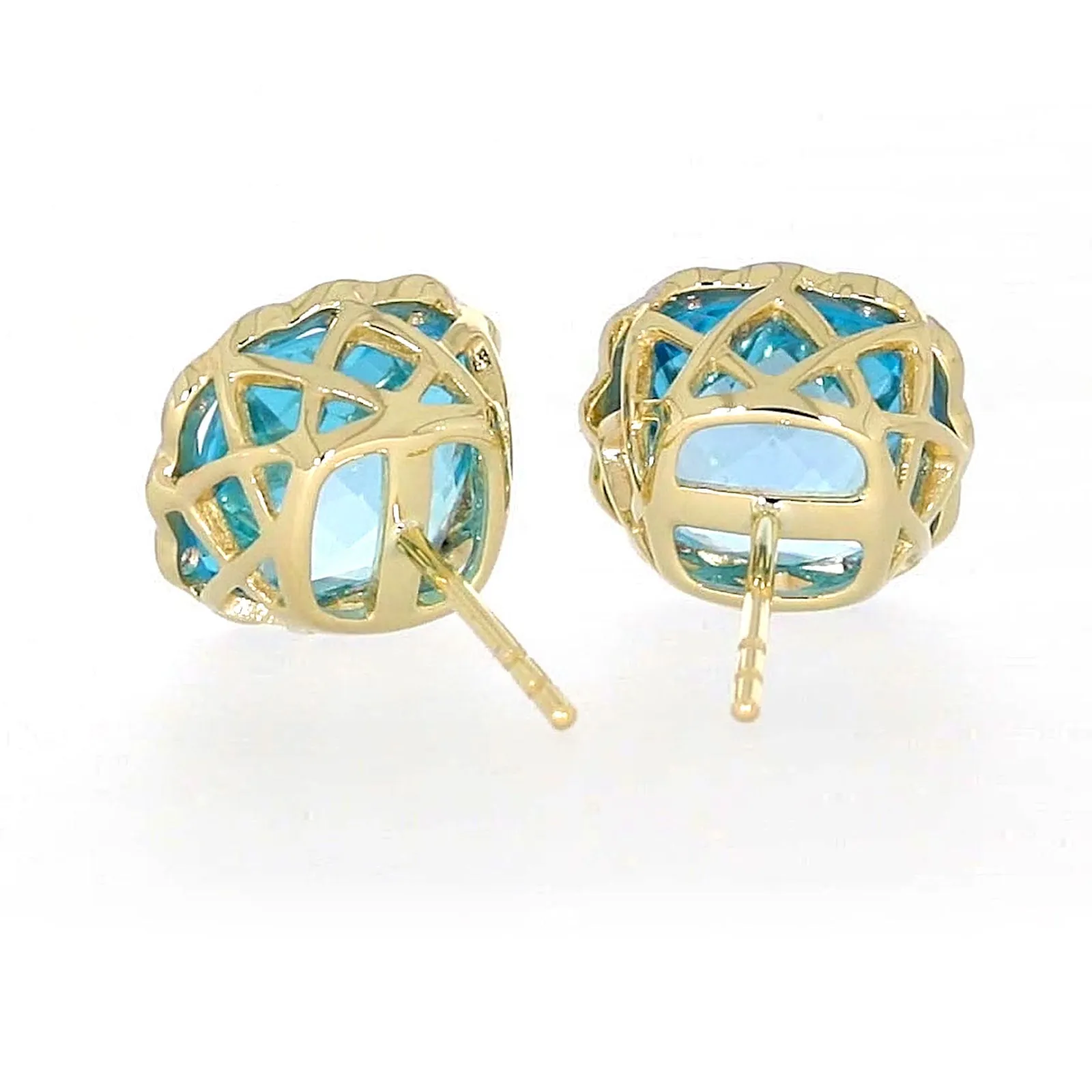9ct Two Tone Gold Cushion & Round Brilliant Cut Blue Topaz & Diamond Set Stud Earrings
