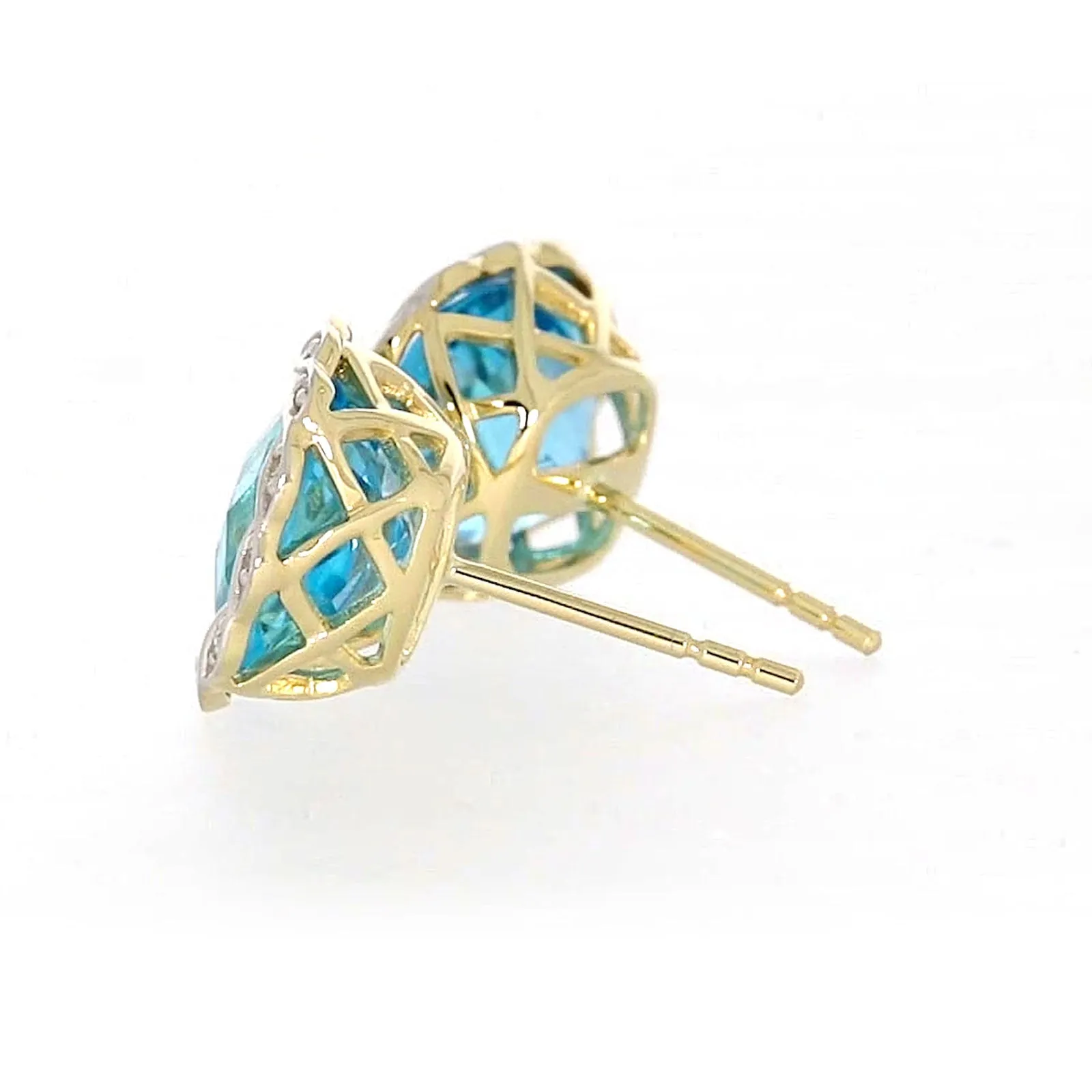 9ct Two Tone Gold Cushion & Round Brilliant Cut Blue Topaz & Diamond Set Stud Earrings