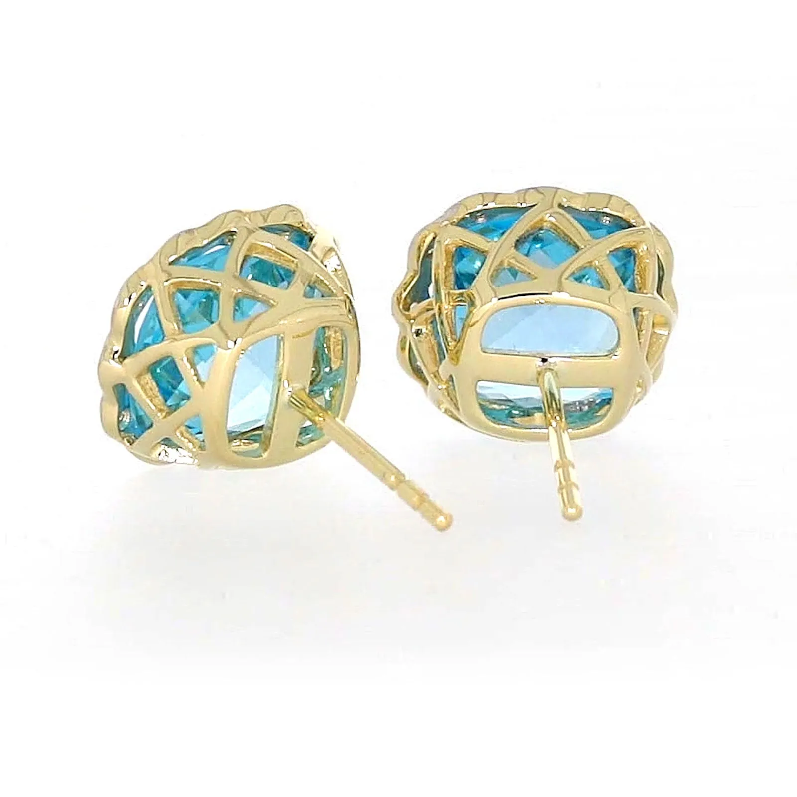 9ct Two Tone Gold Cushion & Round Brilliant Cut Blue Topaz & Diamond Set Stud Earrings
