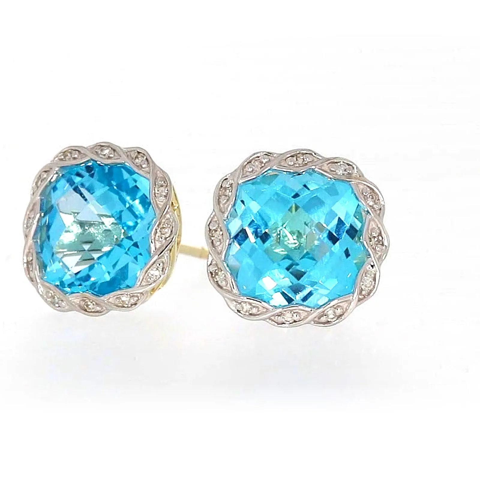 9ct Two Tone Gold Cushion & Round Brilliant Cut Blue Topaz & Diamond Set Stud Earrings