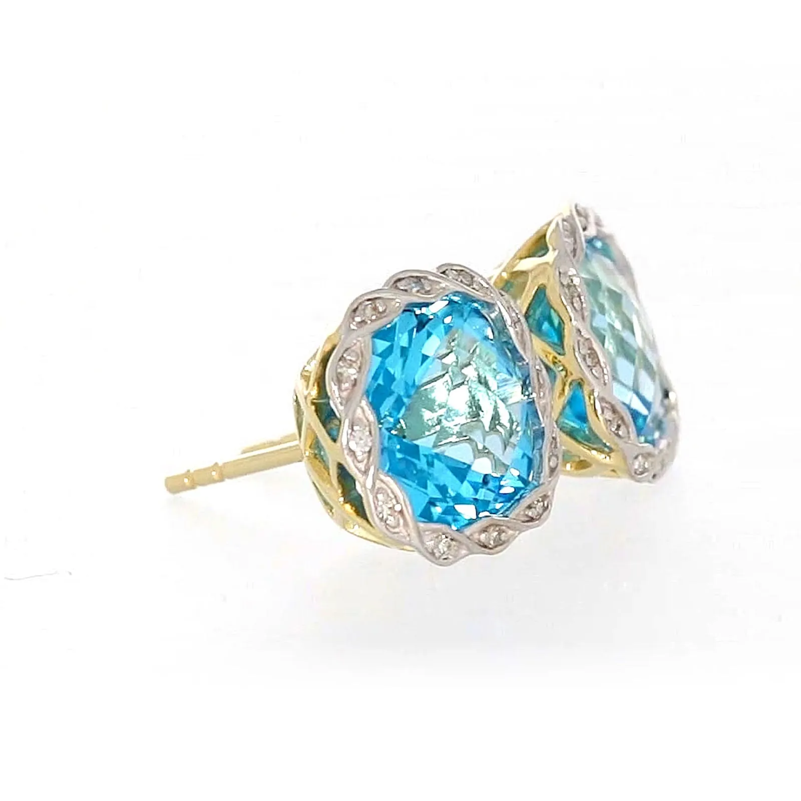 9ct Two Tone Gold Cushion & Round Brilliant Cut Blue Topaz & Diamond Set Stud Earrings