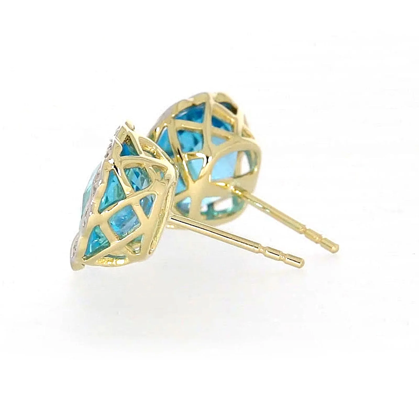 9ct Two Tone Gold Cushion & Round Brilliant Cut Blue Topaz & Diamond Set Stud Earrings