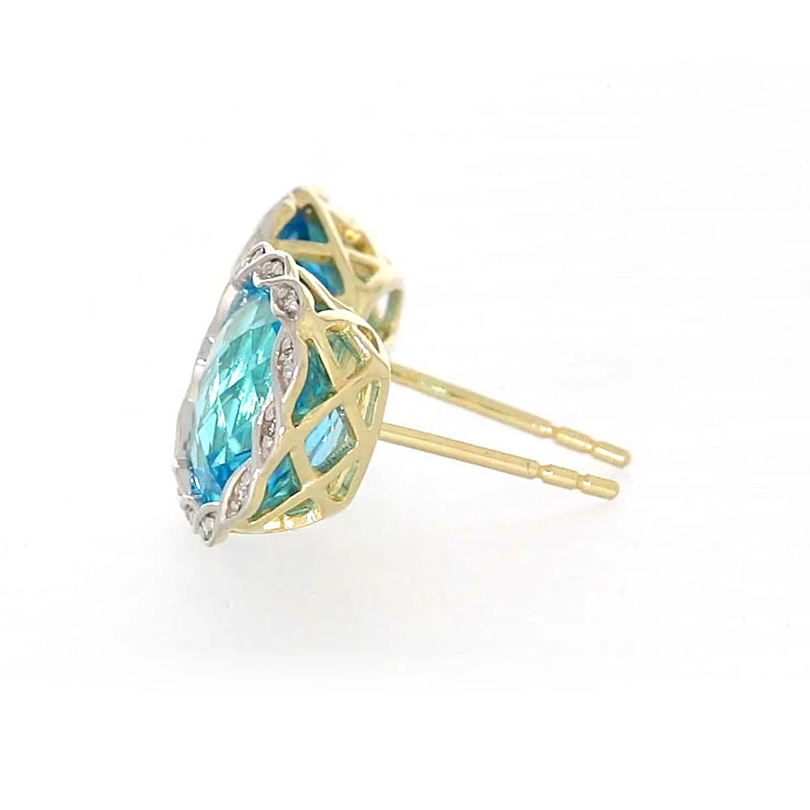 9ct Two Tone Gold Cushion & Round Brilliant Cut Blue Topaz & Diamond Set Stud Earrings
