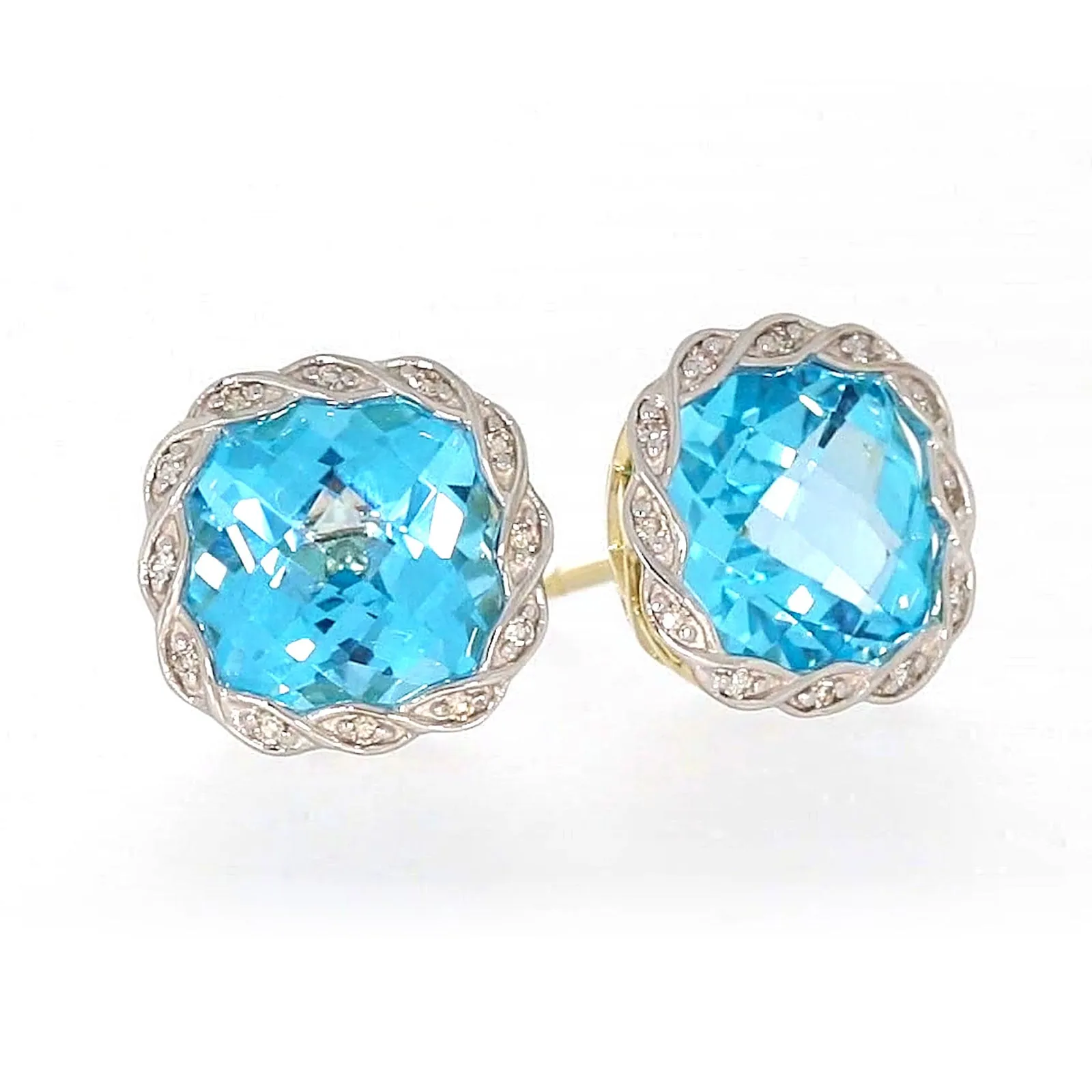 9ct Two Tone Gold Cushion & Round Brilliant Cut Blue Topaz & Diamond Set Stud Earrings