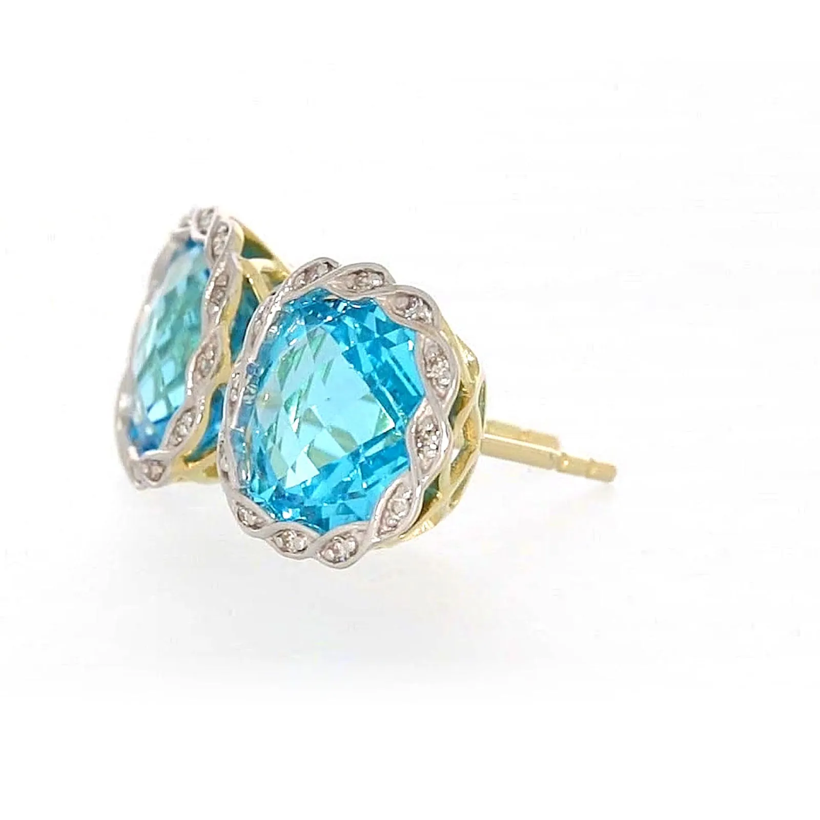 9ct Two Tone Gold Cushion & Round Brilliant Cut Blue Topaz & Diamond Set Stud Earrings