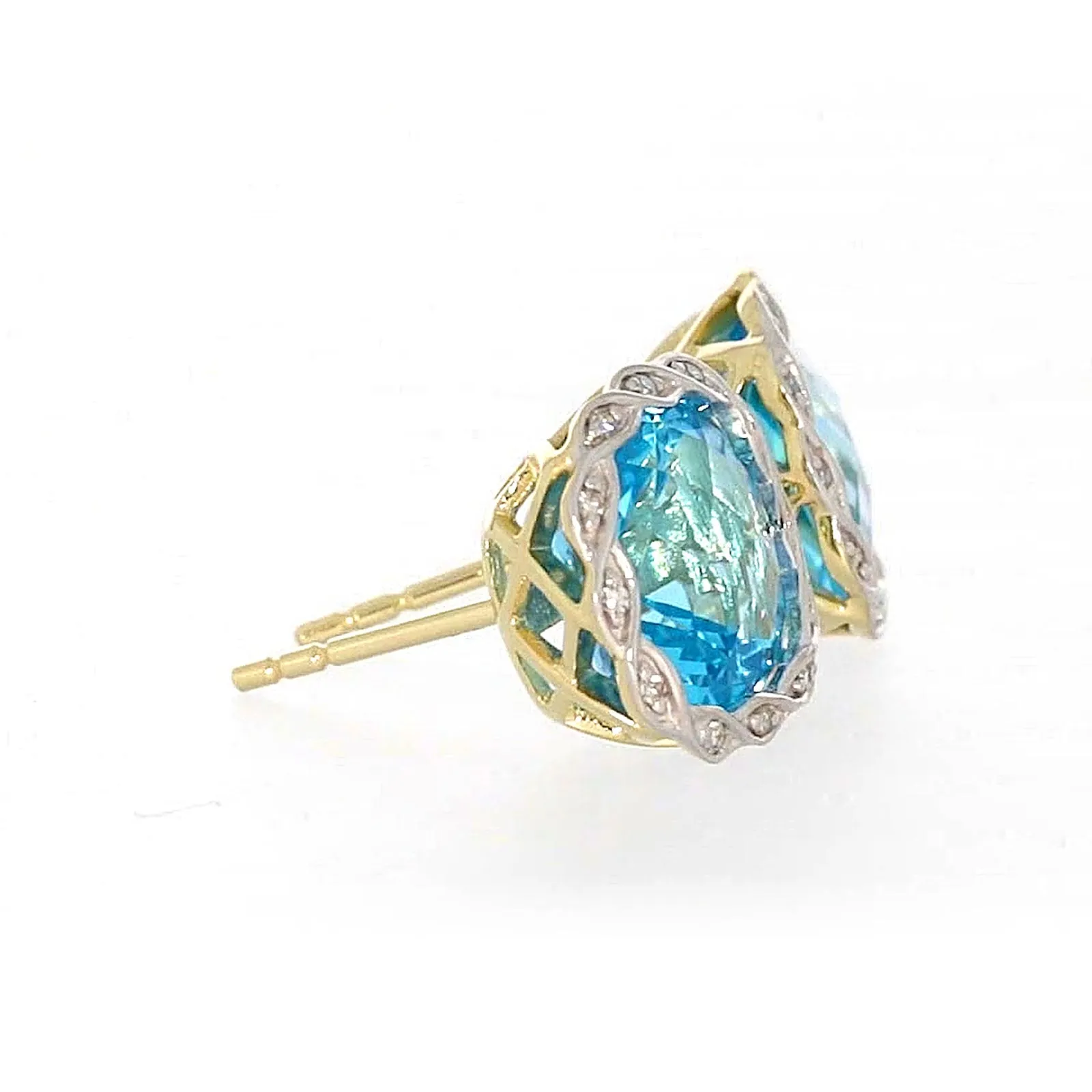 9ct Two Tone Gold Cushion & Round Brilliant Cut Blue Topaz & Diamond Set Stud Earrings