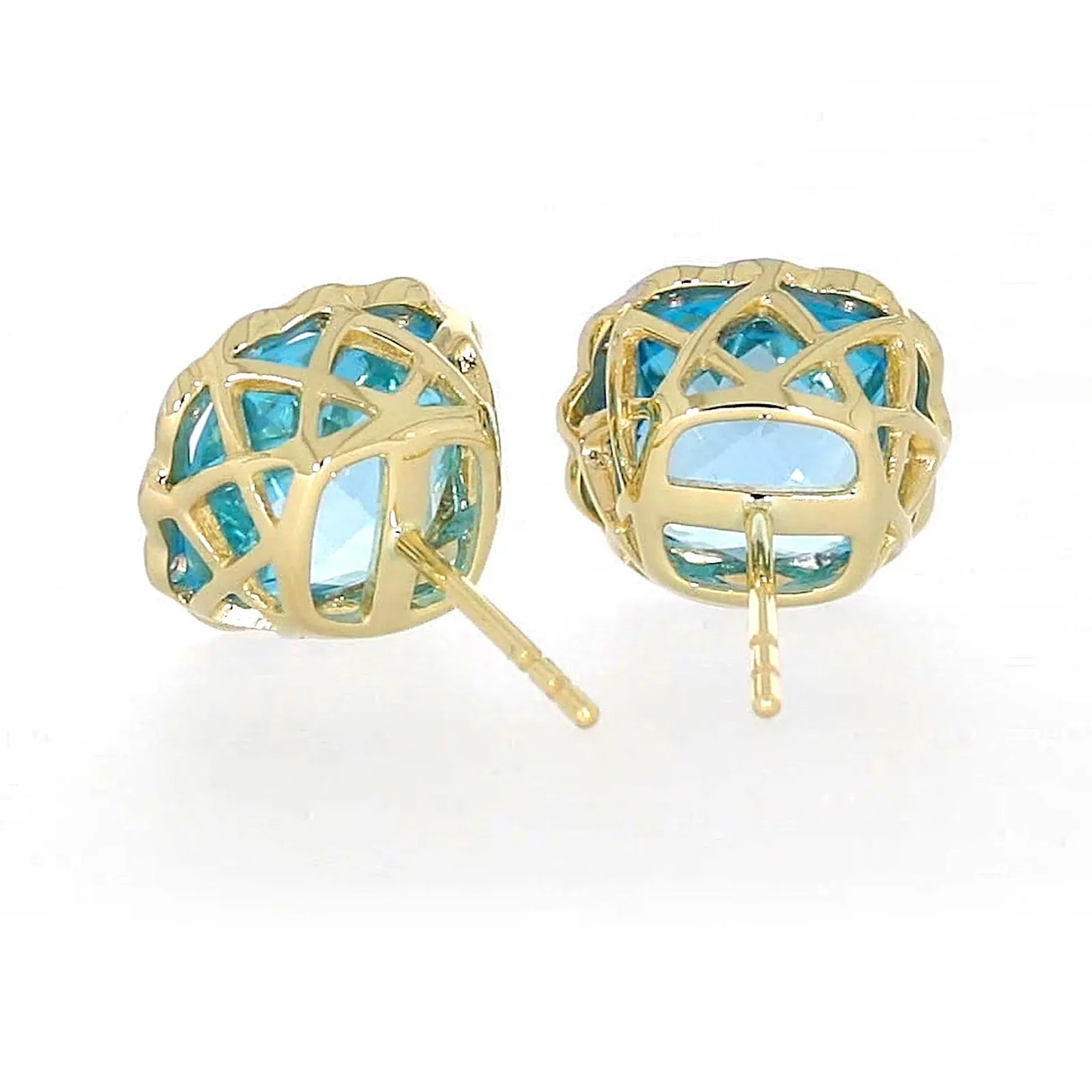 9ct Two Tone Gold Cushion & Round Brilliant Cut Blue Topaz & Diamond Set Stud Earrings