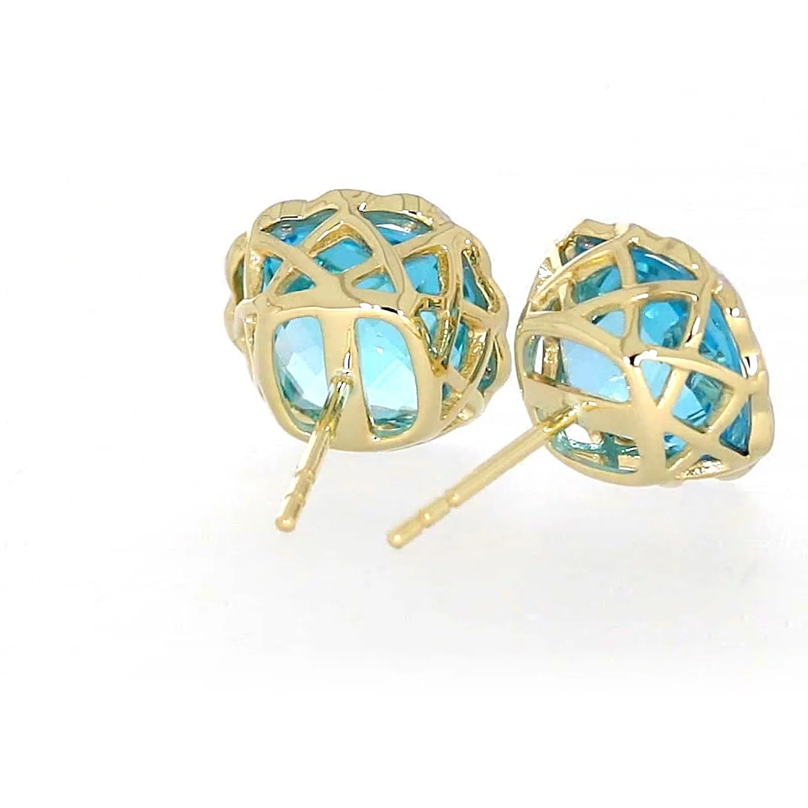 9ct Two Tone Gold Cushion & Round Brilliant Cut Blue Topaz & Diamond Set Stud Earrings