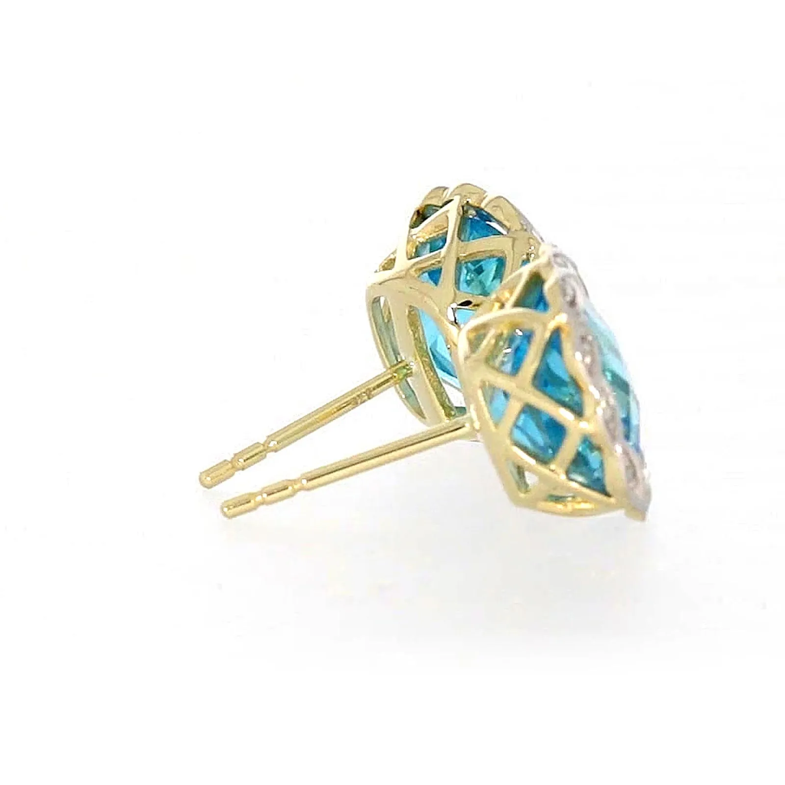9ct Two Tone Gold Cushion & Round Brilliant Cut Blue Topaz & Diamond Set Stud Earrings