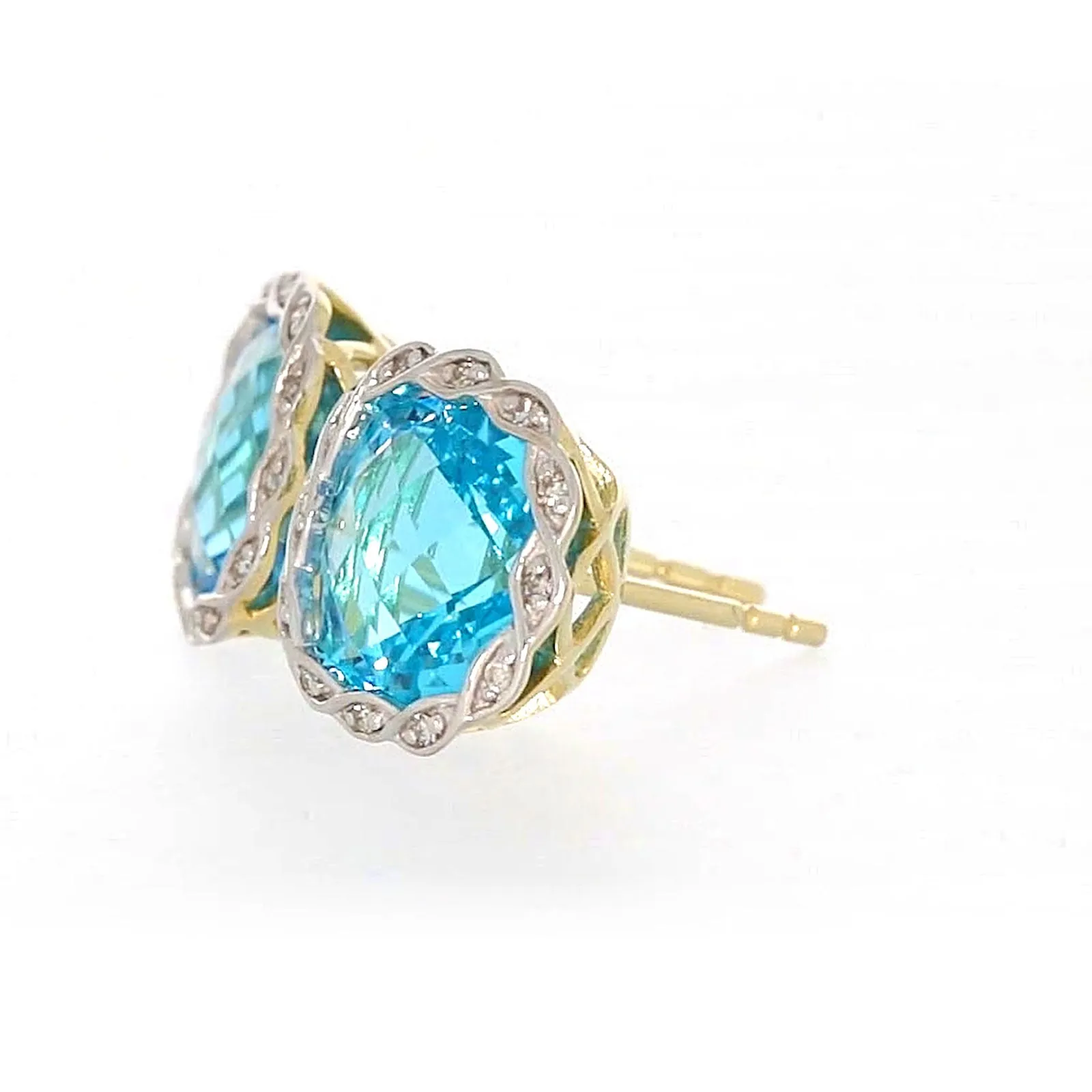 9ct Two Tone Gold Cushion & Round Brilliant Cut Blue Topaz & Diamond Set Stud Earrings