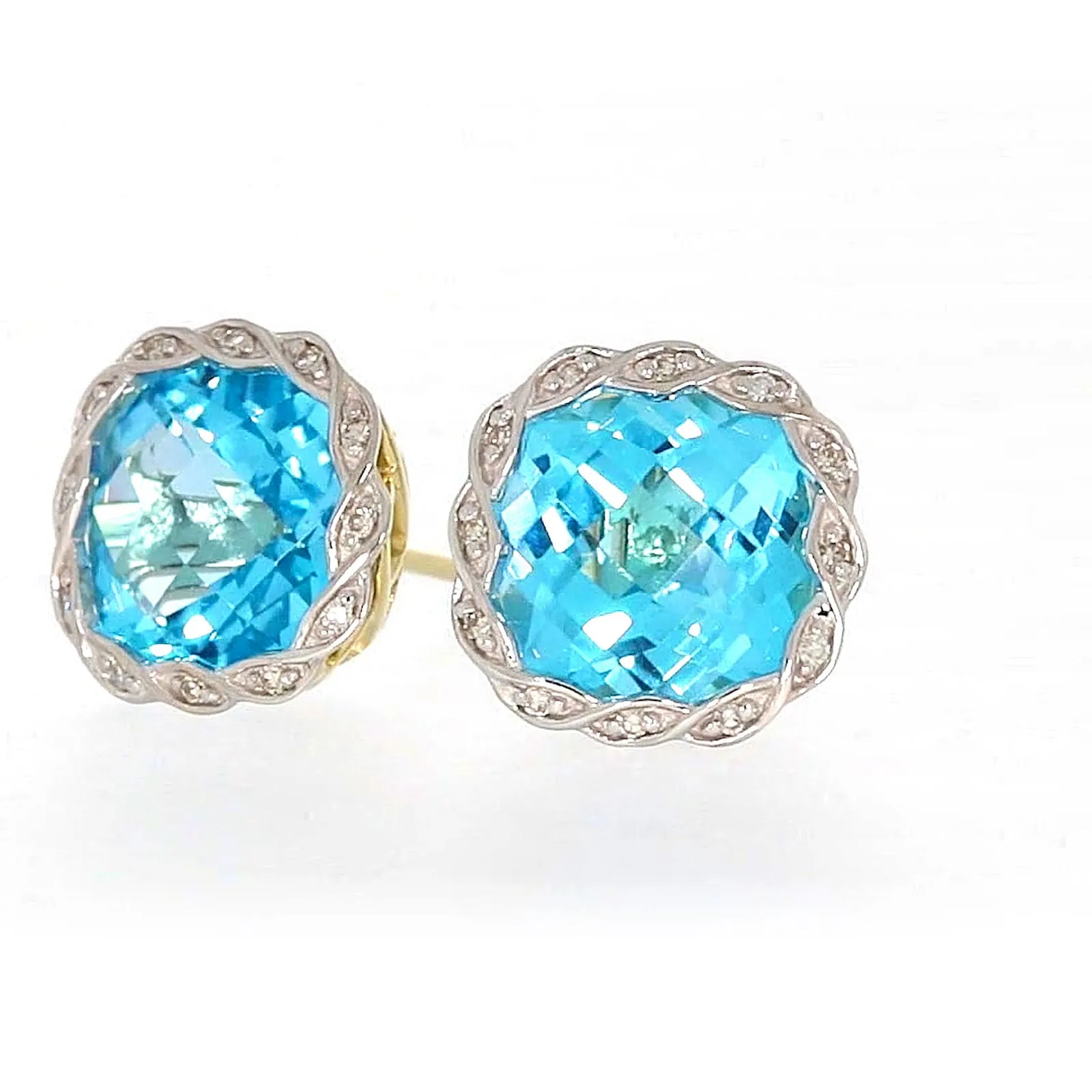 9ct Two Tone Gold Cushion & Round Brilliant Cut Blue Topaz & Diamond Set Stud Earrings