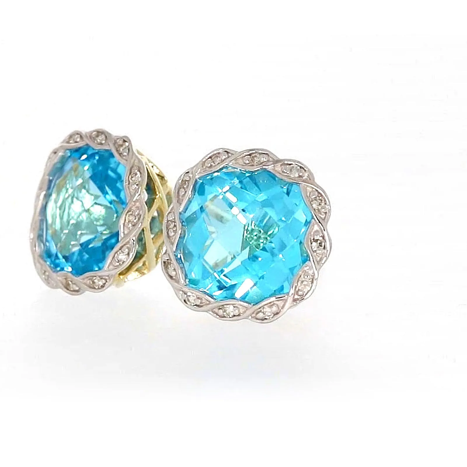 9ct Two Tone Gold Cushion & Round Brilliant Cut Blue Topaz & Diamond Set Stud Earrings