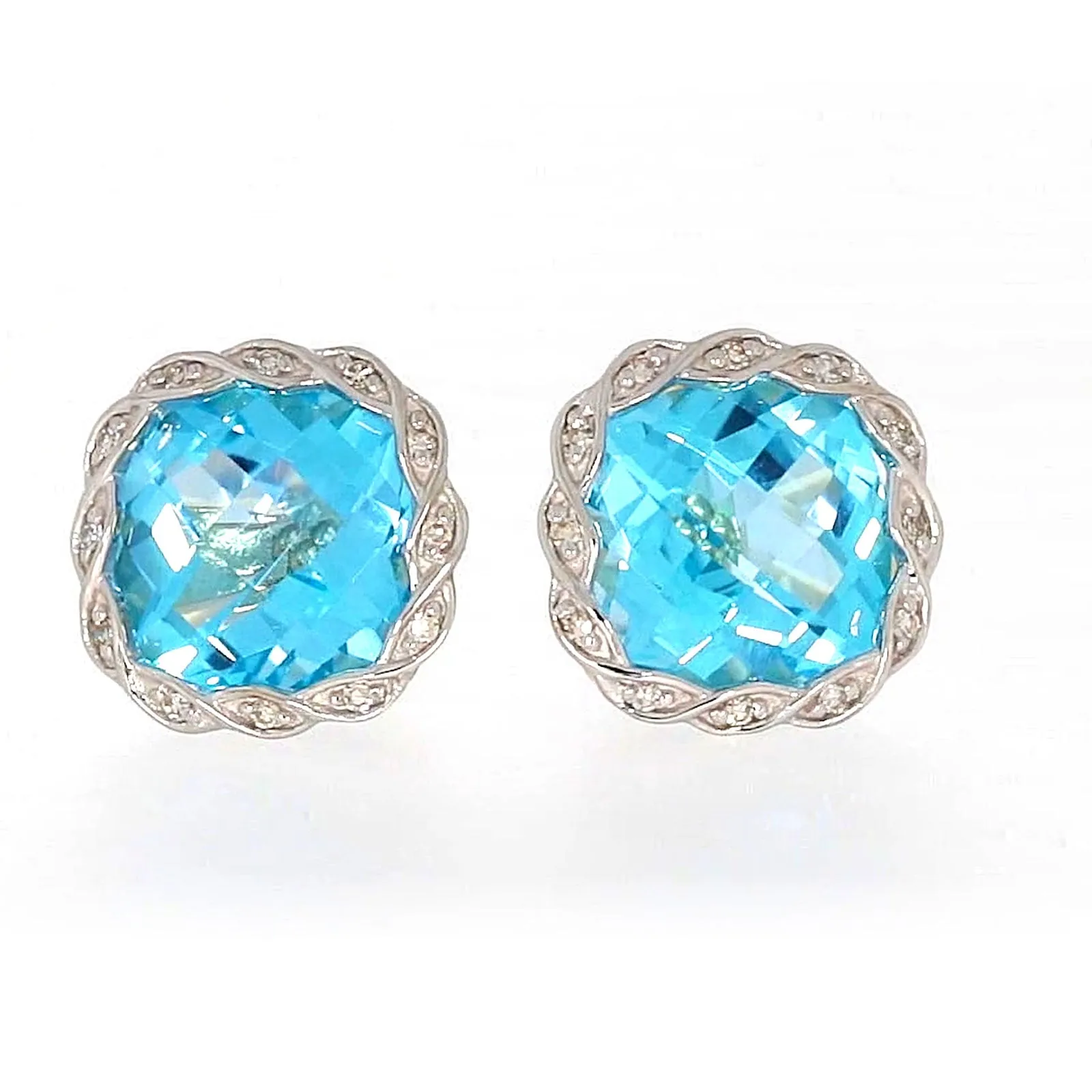 9ct Two Tone Gold Cushion & Round Brilliant Cut Blue Topaz & Diamond Set Stud Earrings