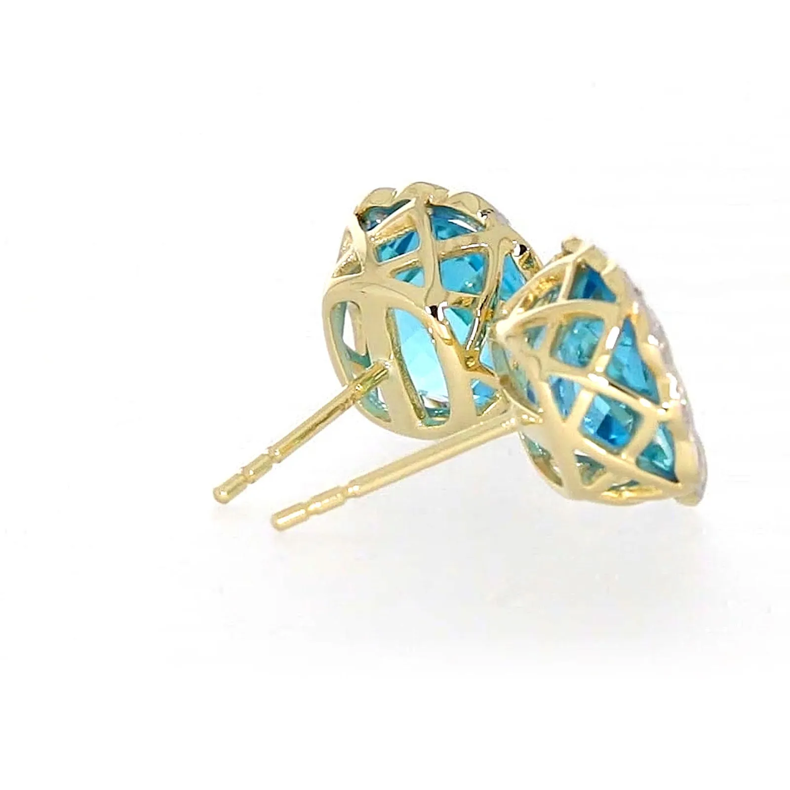 9ct Two Tone Gold Cushion & Round Brilliant Cut Blue Topaz & Diamond Set Stud Earrings