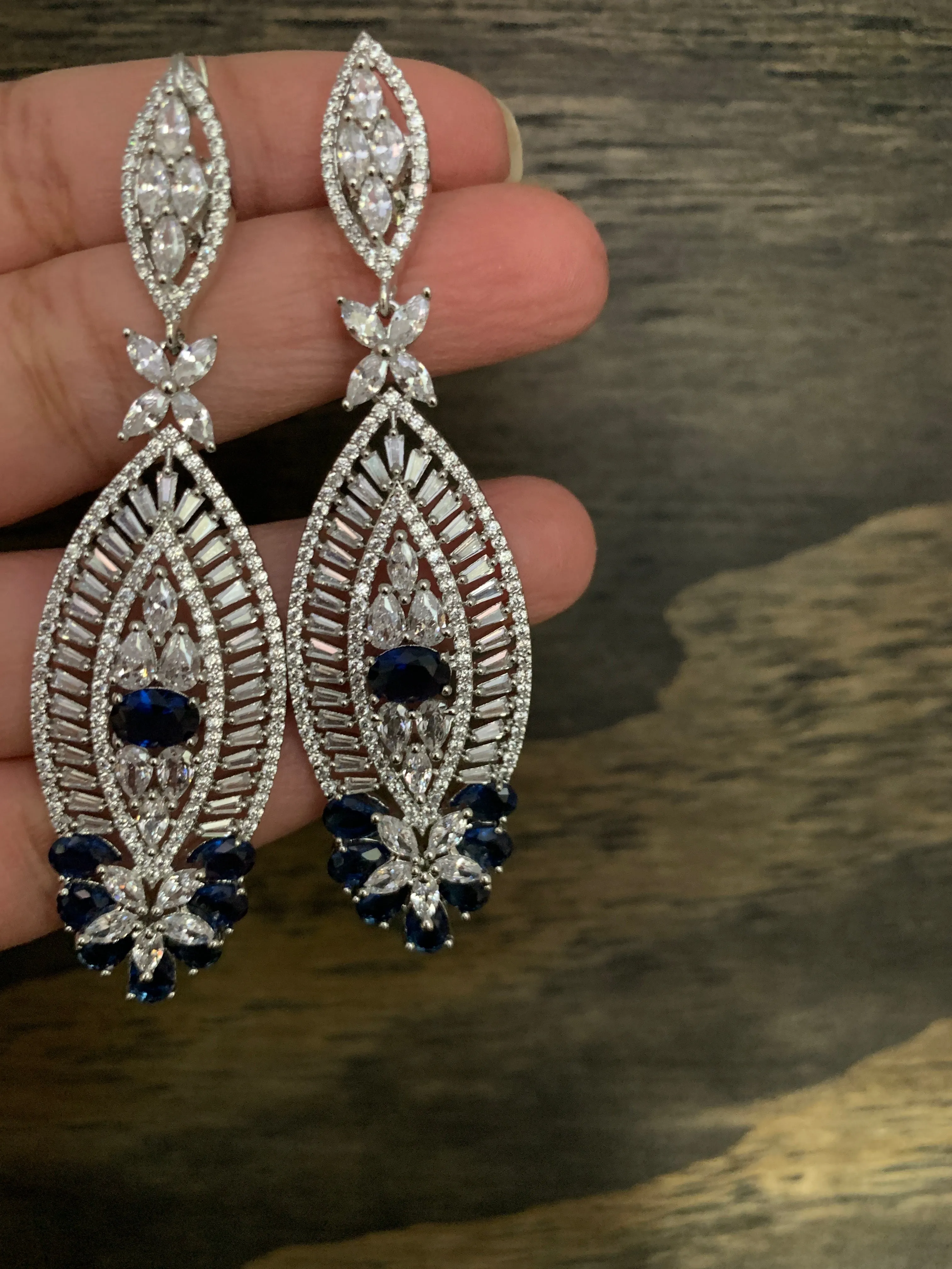 AD Blue Stone Long Earrings in Silver Polish