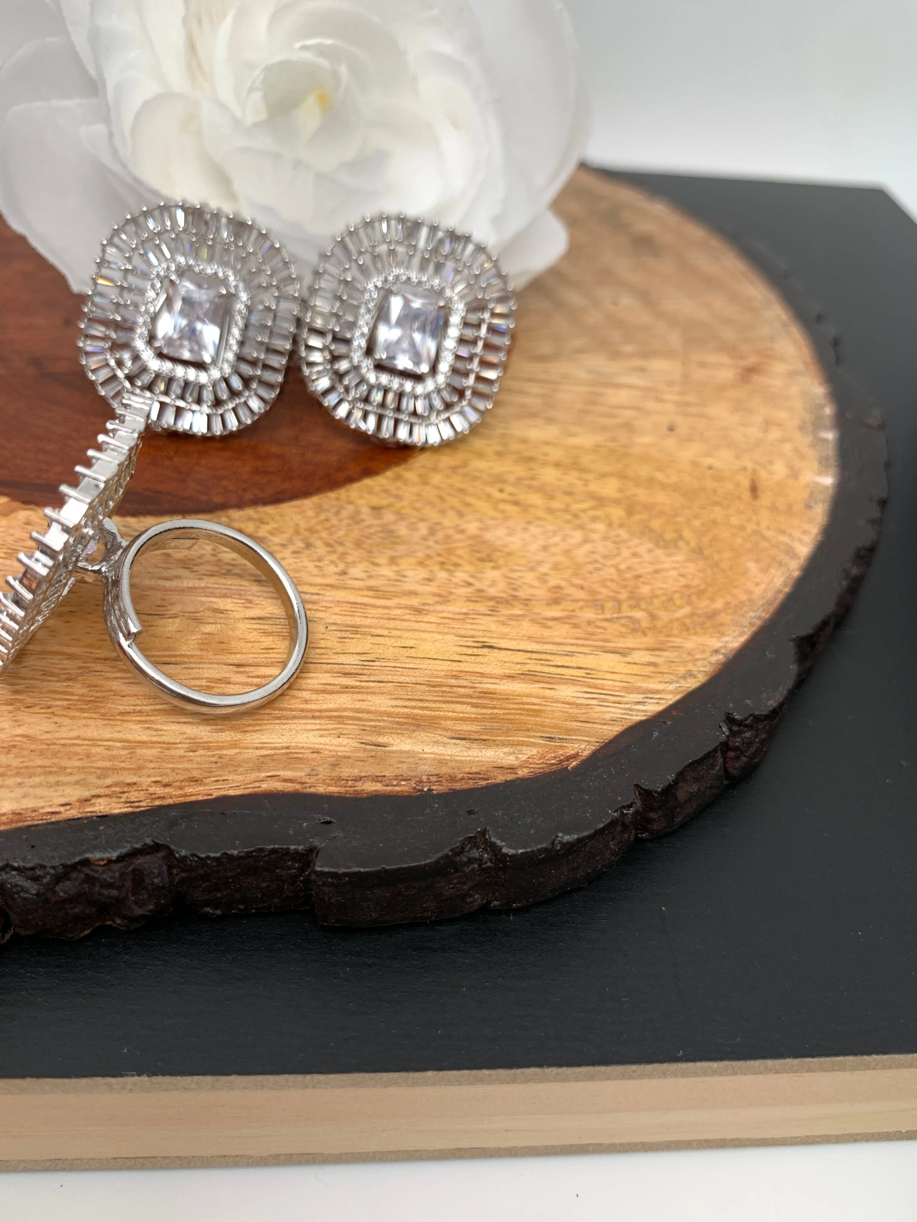 AD Clear Stone Earrings with Ring in Silver Polish